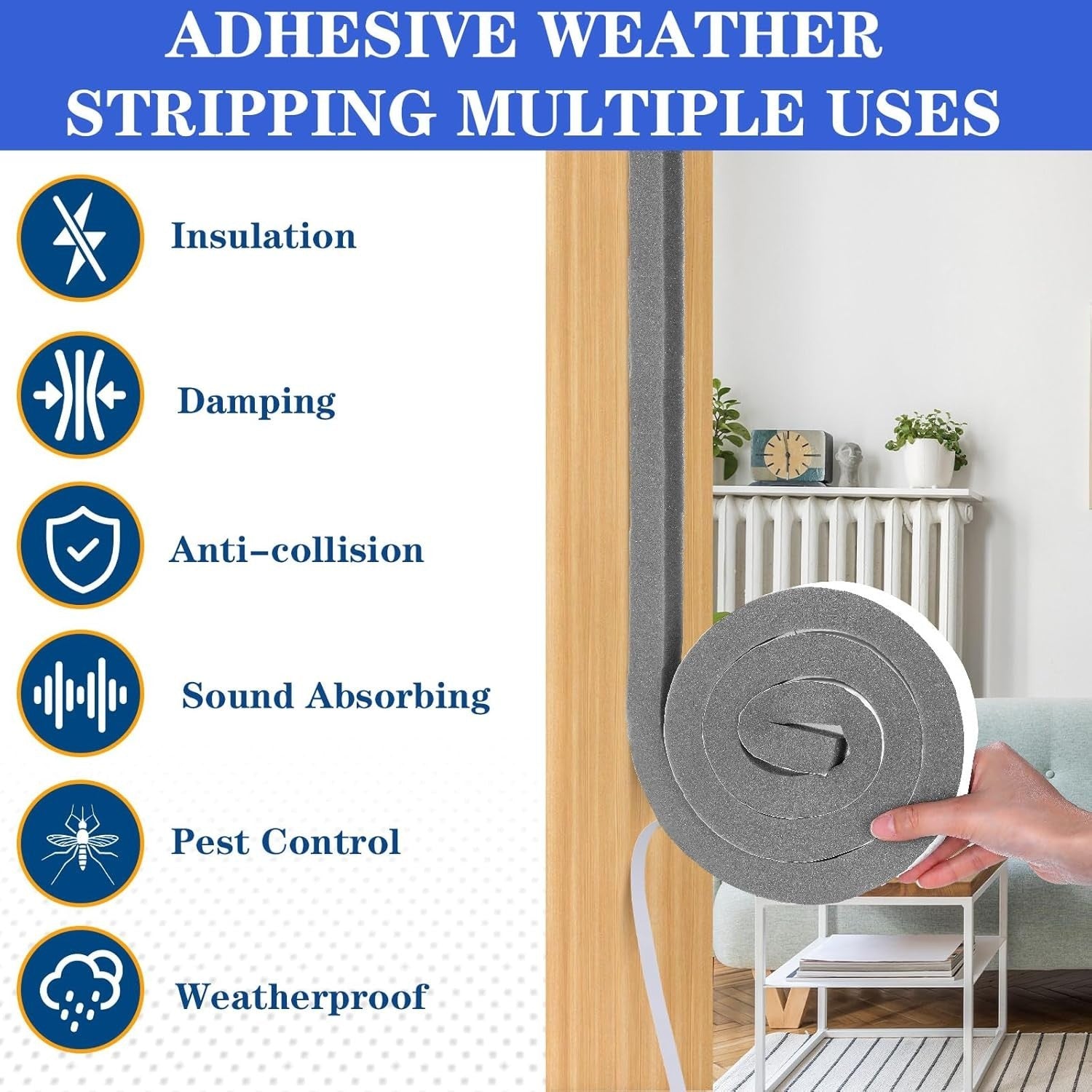 Pangda 26ft adhesive foam weather stripping for windows and doors, 1x1 inch insulation seal with visible foam and adhesive backing