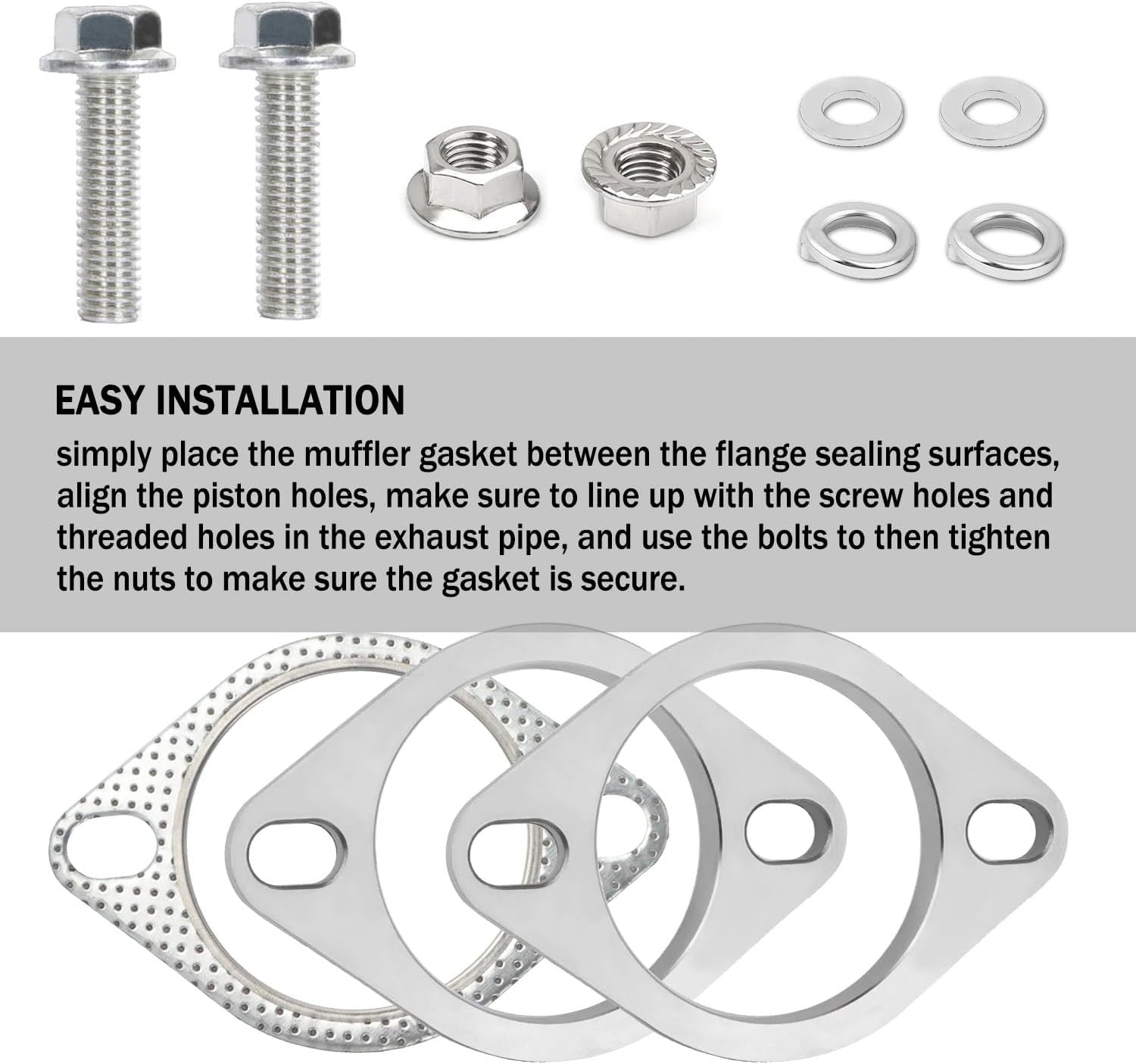 Aokdom 2-bolt 2.25 inch stainless steel exhaust flange repair kit with gasket for exhaust system repair.