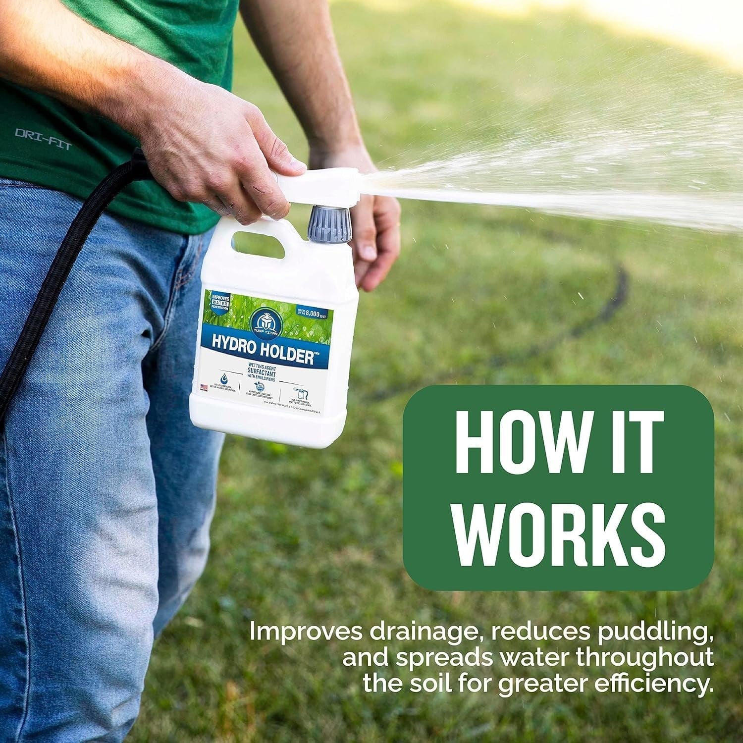 Turf Titan Hydro Holder soil wetting agent for lawn in 32 oz bottle with hose end sprayer attached, ready for application.