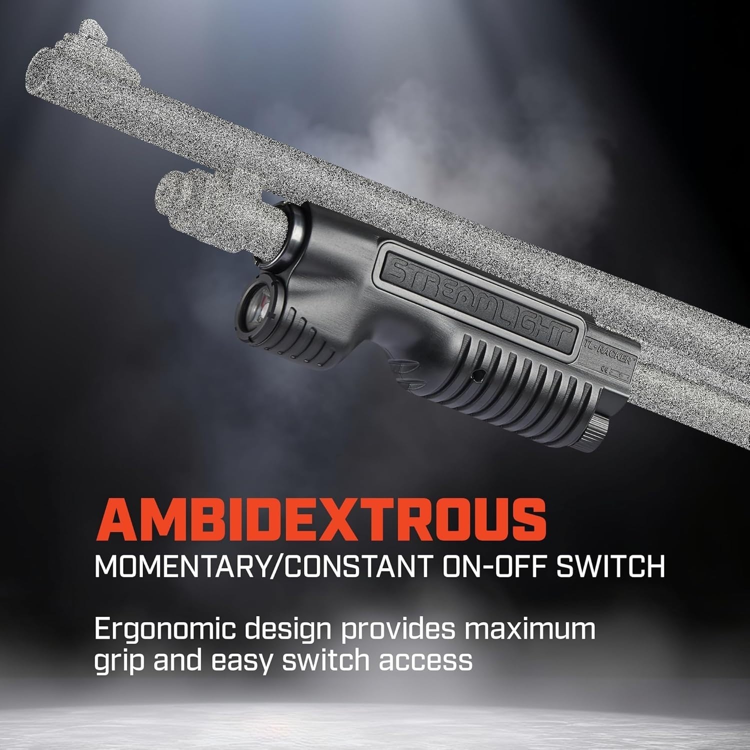 Tactical flashlight forend with 1,000 lumens and 20,000 candela, designed for weapon mounting and integrated lighting.