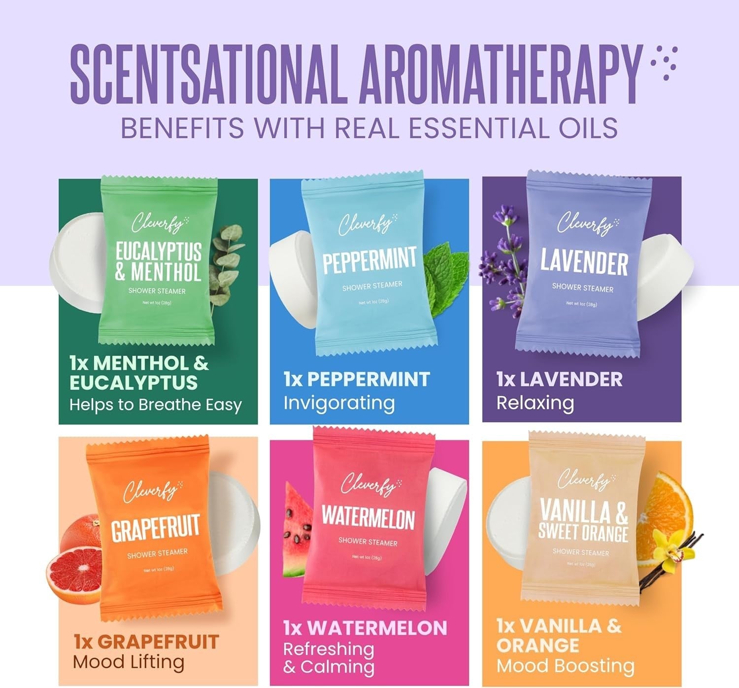 Cleverfy shower steamers aromatherapy set with floral and herbal scents, designed for relaxing Mother’s Day gift for moms.