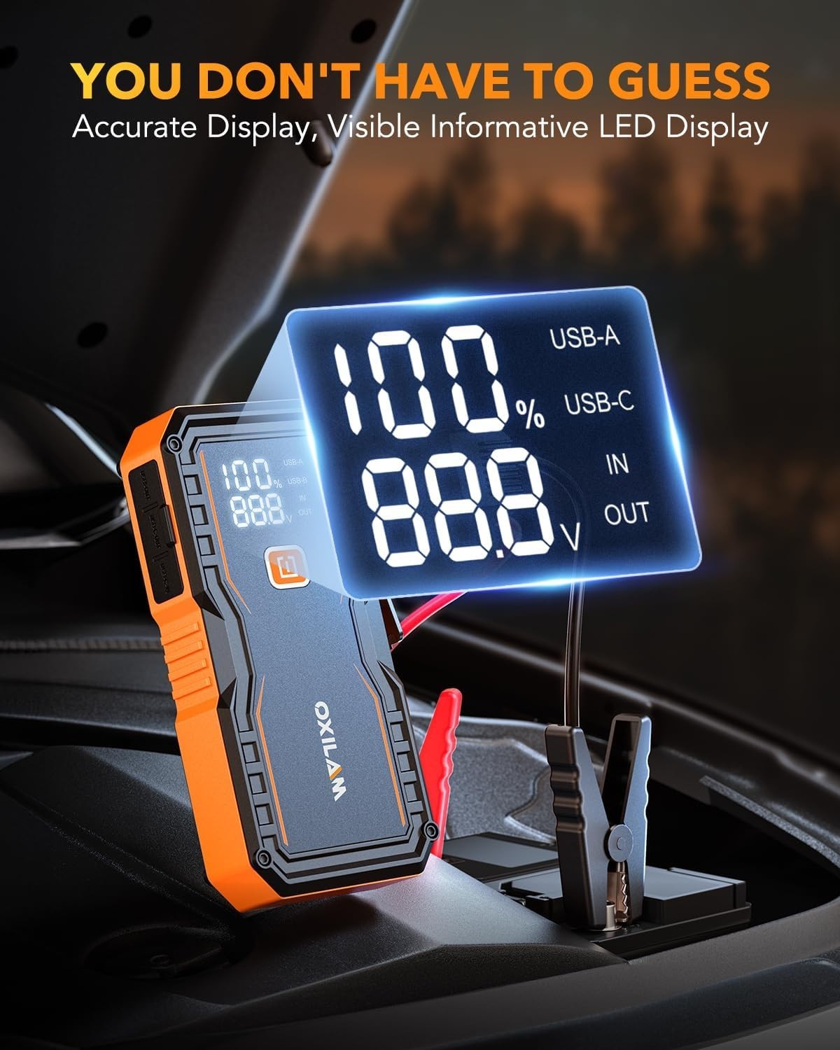 OXILAM Jump Starter 6000A with cables and battery clamps for gas and diesel engines, portable car battery jumper starter.