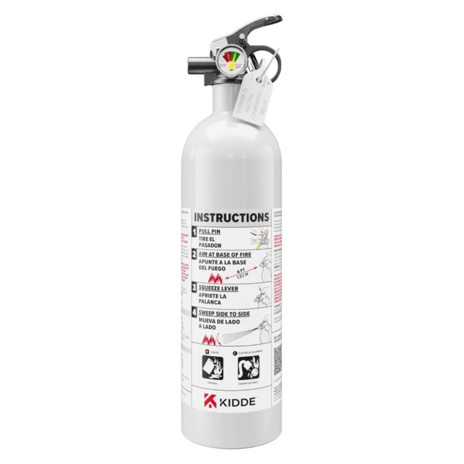 Unbranded Kidde fire extinguisher for boats, single-use 1A10BC, mounted on a boat wall, ready for emergency fire safety.