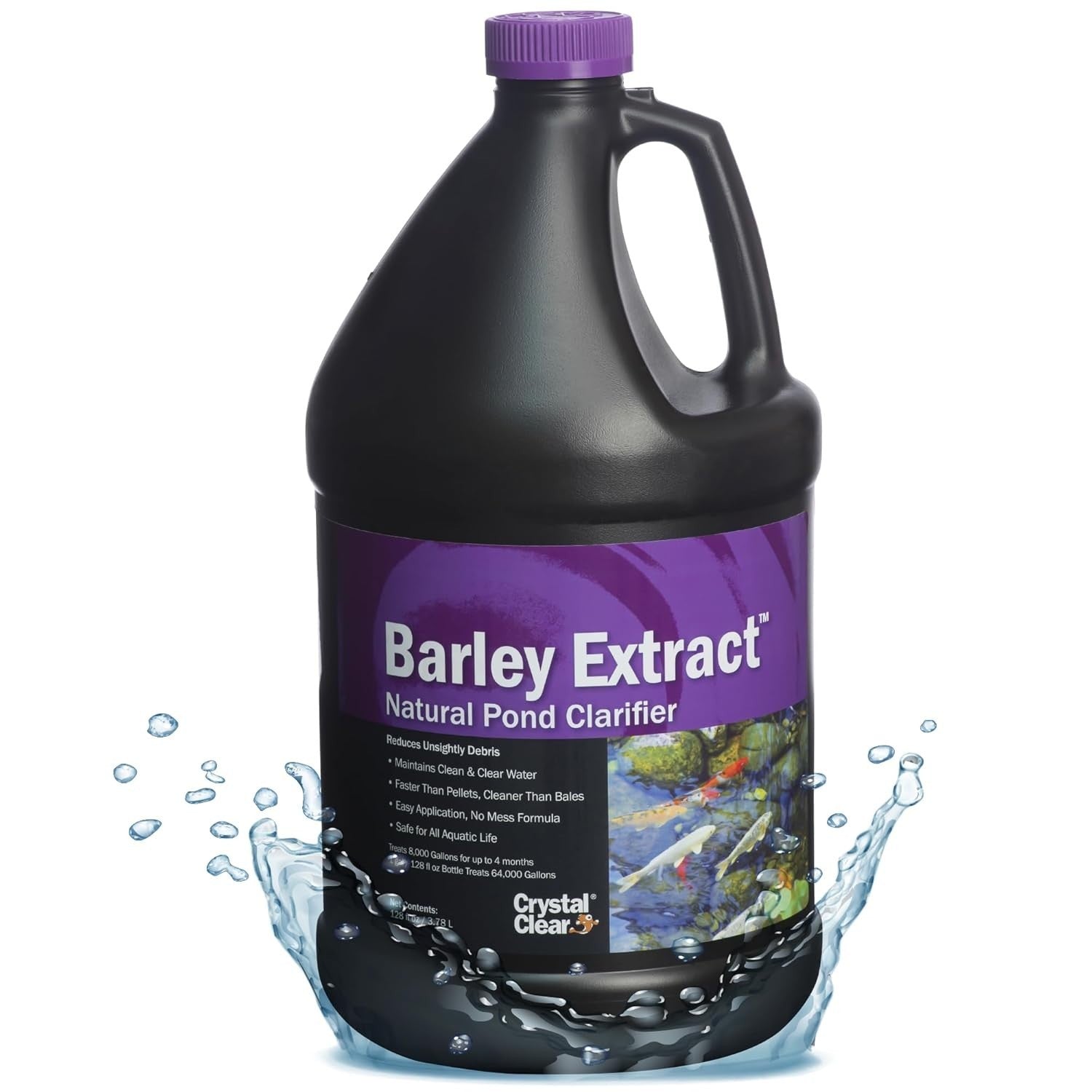 CrystalClear Barley Extract pond treatment in a clear bottle, natural water clarifier for fountains and ponds.