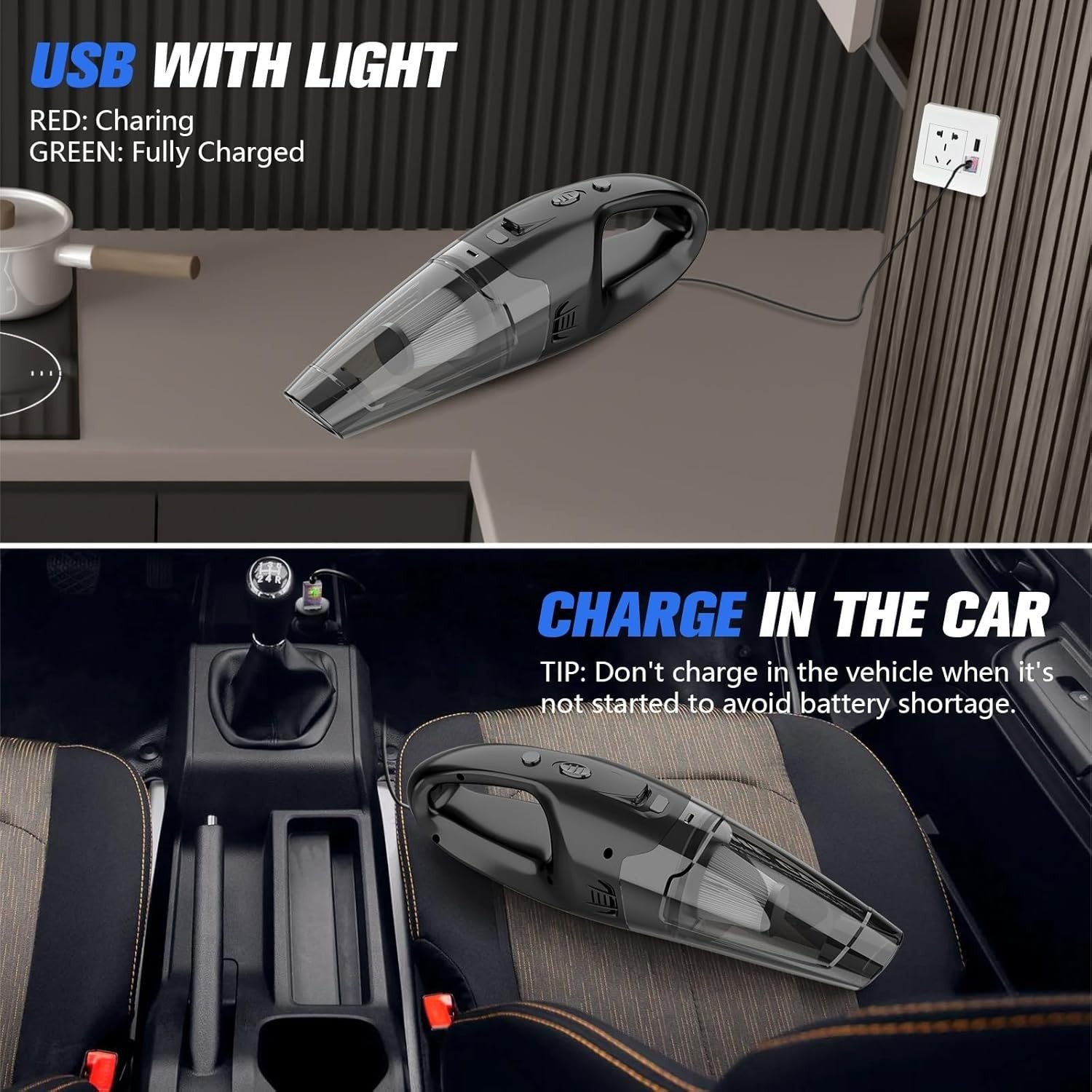 BSRCO cordless handheld car vacuum cleaner with LED light, strong suction, portable design, ideal for car interior cleaning.