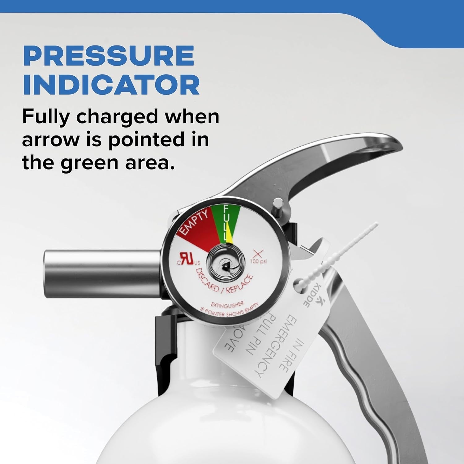 Unbranded Kidde fire extinguisher for boats, single-use 1A10BC model, with red metal body and pressure gauge visible.
