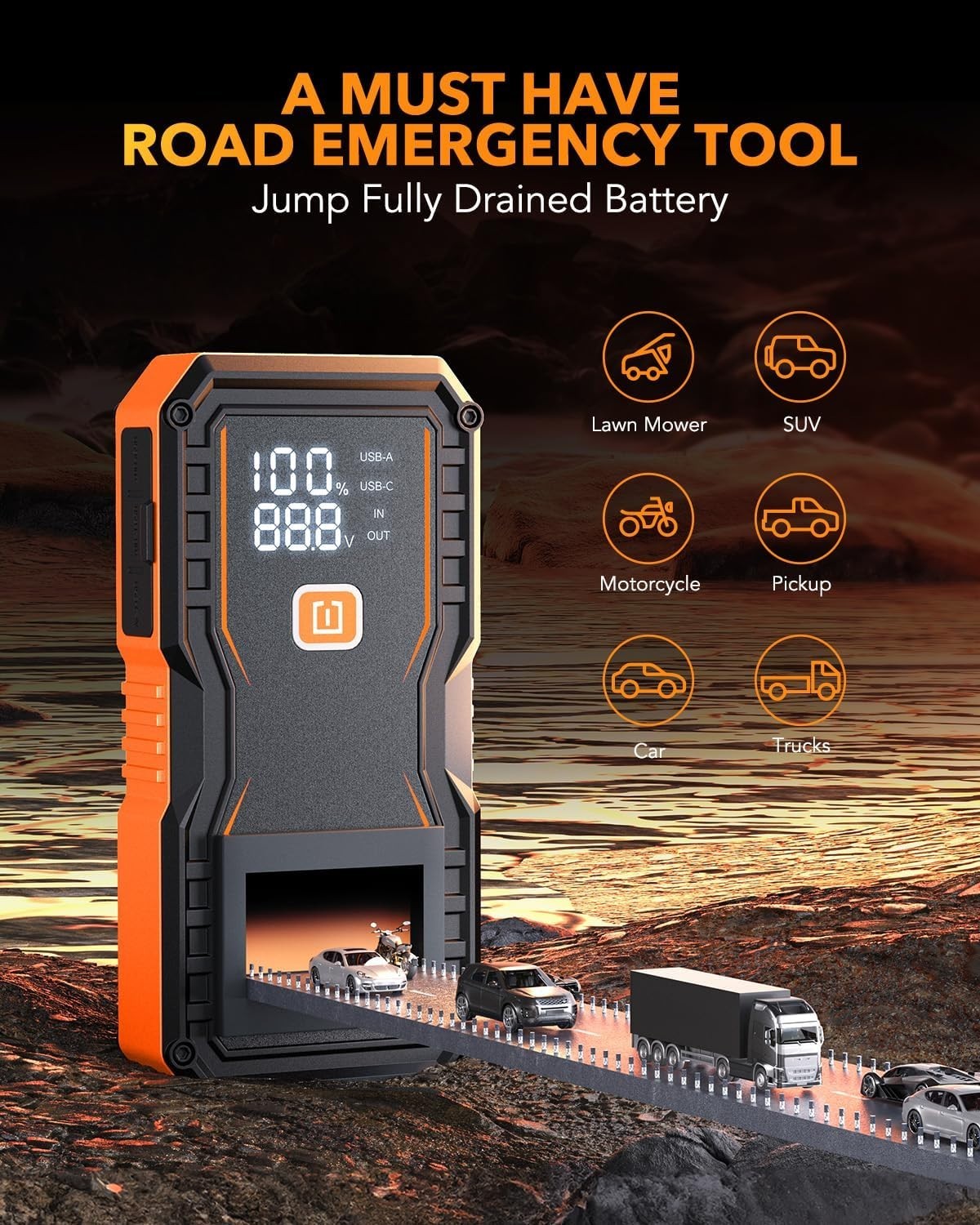 OXILAM Jump Starter 6000A for gas and diesel engines, portable car battery jumper starter with cables and display in view