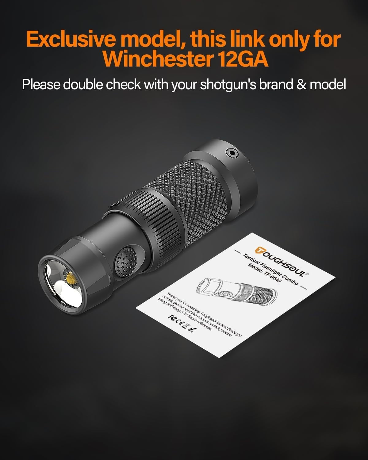 TOUGHSOUL tactical mag tube cap flashlight for Winchester 12 gauge, 500 lumens, with strap attachment, mounted on shotgun magazine tube.