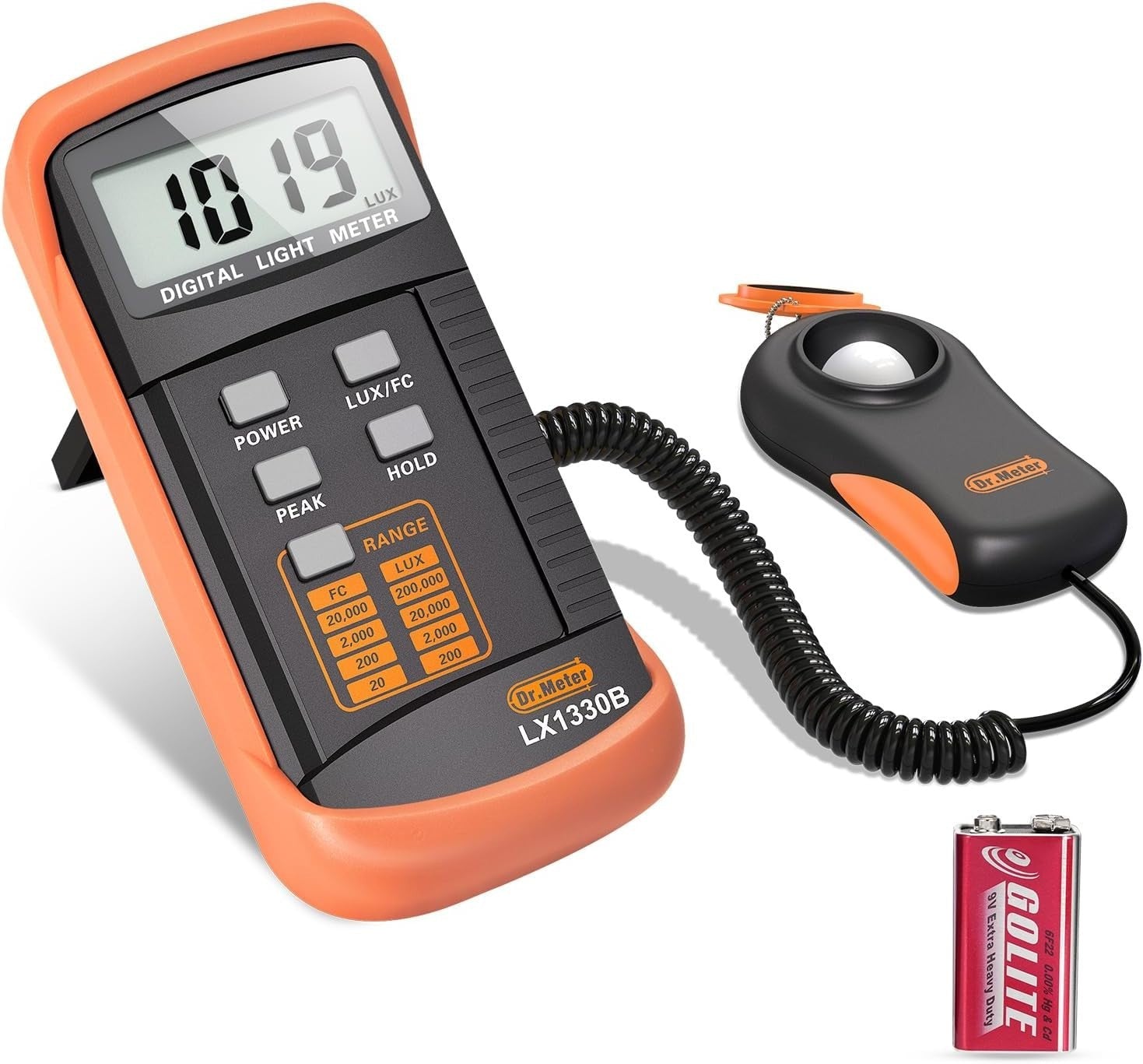 Digital LX1330B light meter showing a digital display and sensor for measuring illuminance up to 200,000 lux.