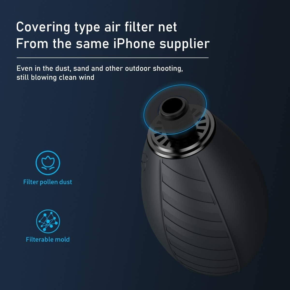 VSGO camera air blower with soft tip, single air intake, self-suction cup for cleaning camera lenses and sensors.