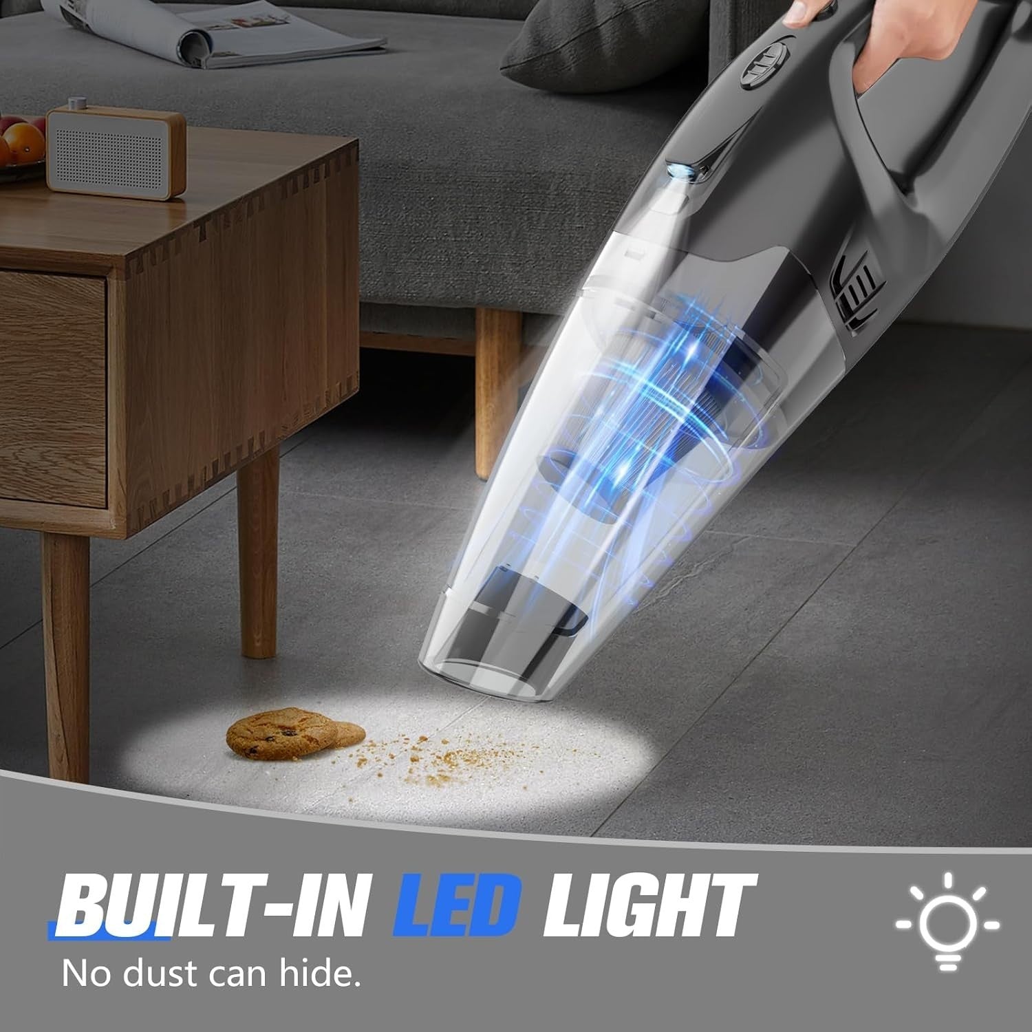 BSRCO cordless handheld car vacuum cleaner with LED light, strong suction, portable design, shown with vacuum and attachments.