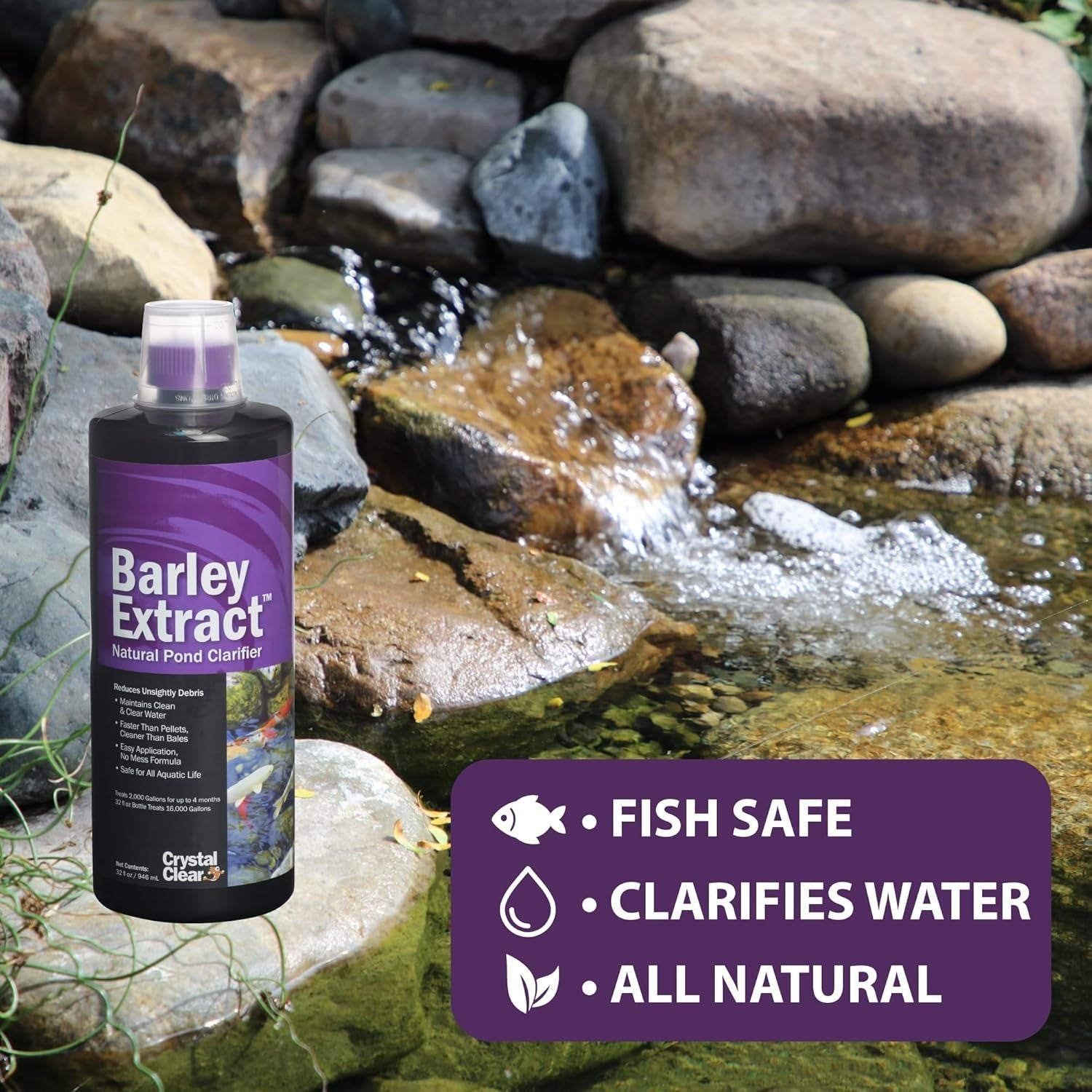 CrystalClear Barley Extract pond treatment bottle, natural water clarifier for fountain ponds, clear liquid product for pond clarity