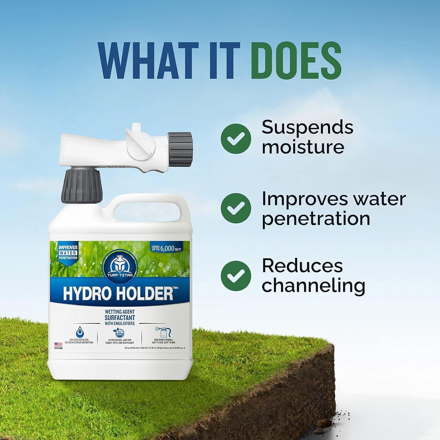 Turf Titan Hydro Holder Soil Wetting Agent for Lawn, 32 oz with hose end sprayer for even soil moisture distribution.