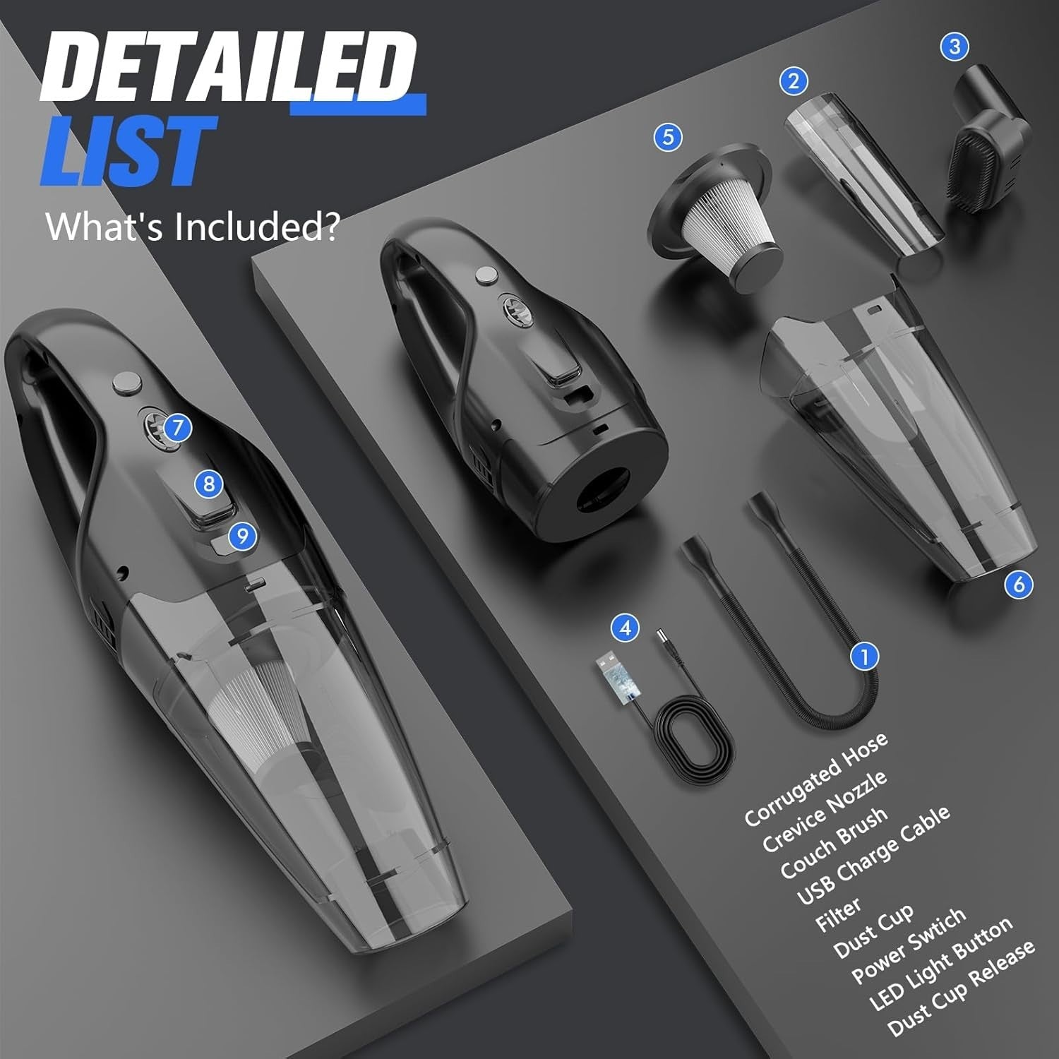 BSRCO cordless handheld car vacuum cleaner with LED light, strong suction, portable design, ideal for vehicle interior cleaning.