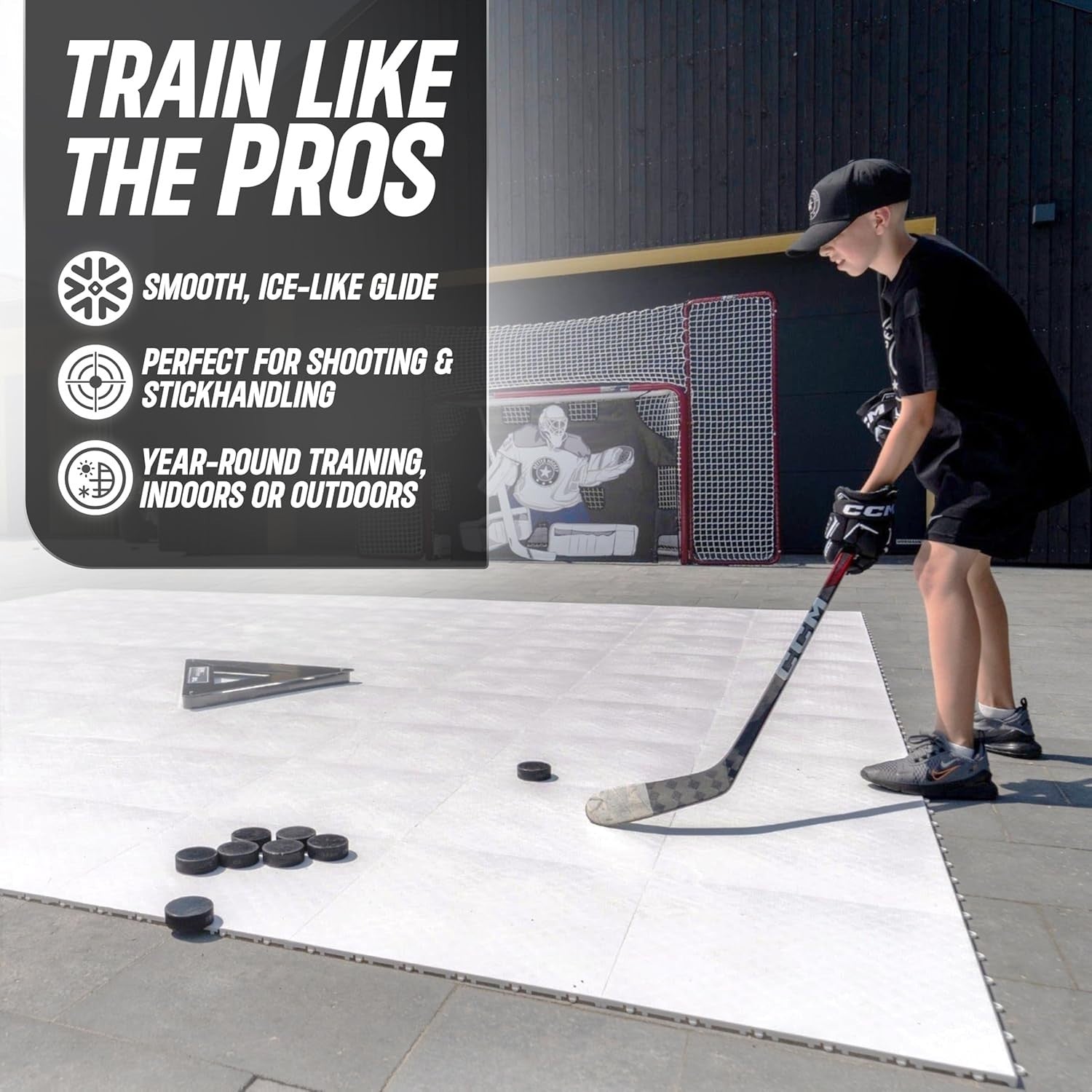 Better Hockey Extreme Dryland Flooring Tiles, synthetic ice panels for hockey training, showing interlocking plastic tiles on a smooth surface.