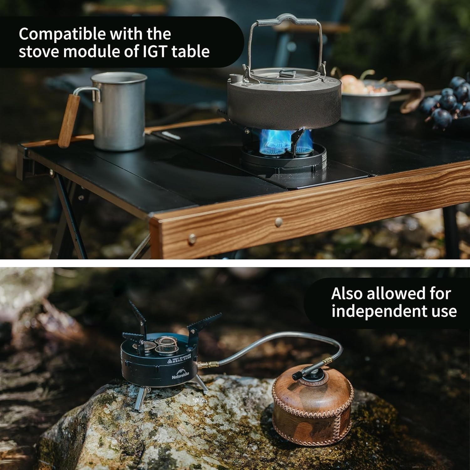 Naturehike IGT portable camping gas stove with isobutane fuel canister and 12000BTU burner, ideal for outdoor cooking.