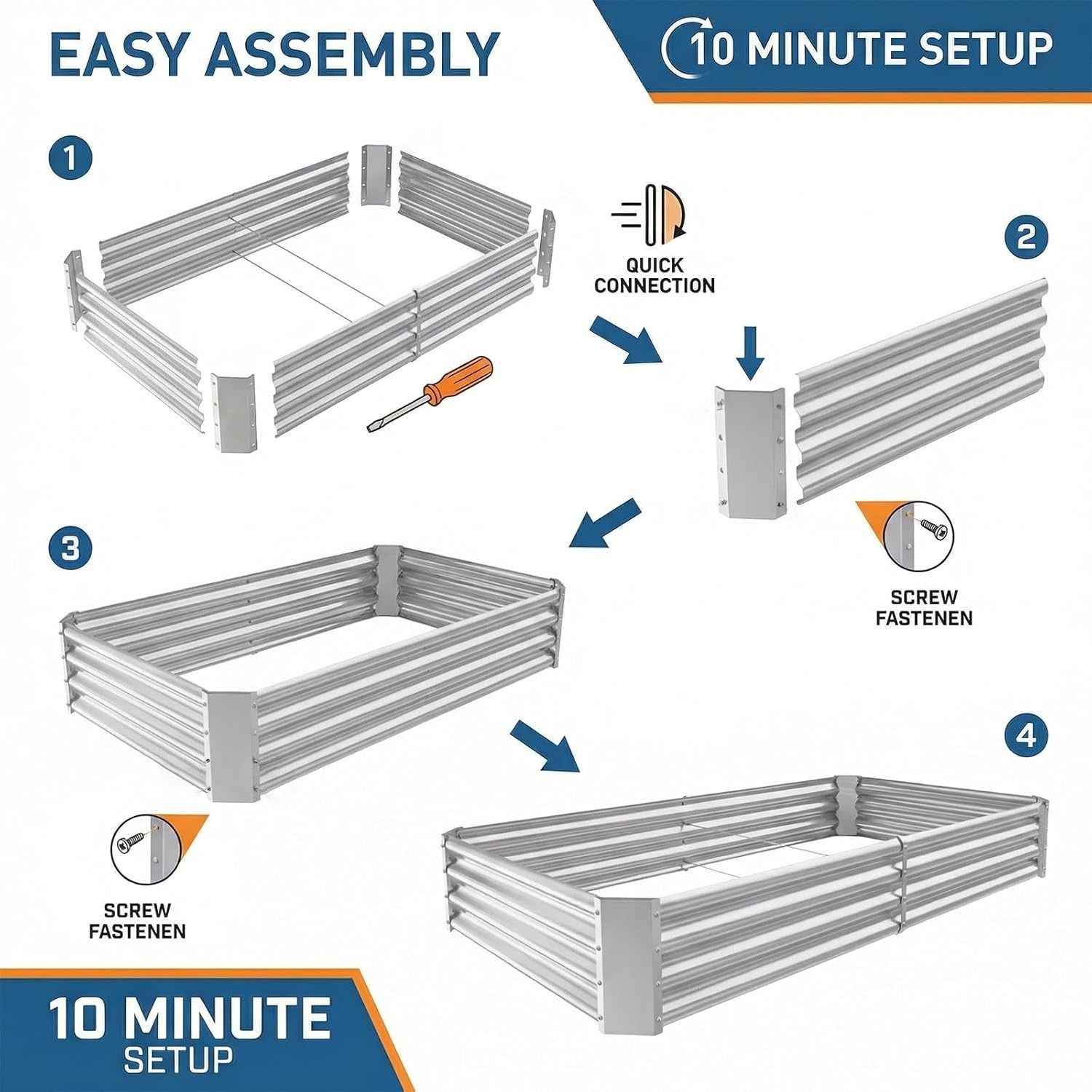 Galvanized metal raised garden bed by Land Guard, 6x3x1 ft, showing sturdy galvanized steel construction and rectangular shape.