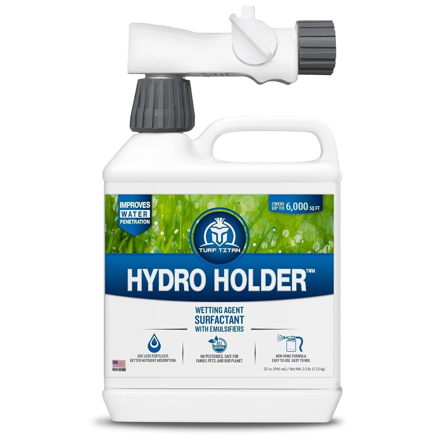 Turf Titan Hydro Holder soil wetting agent for lawns, 32 oz bottle with hose end sprayer visible in the image.