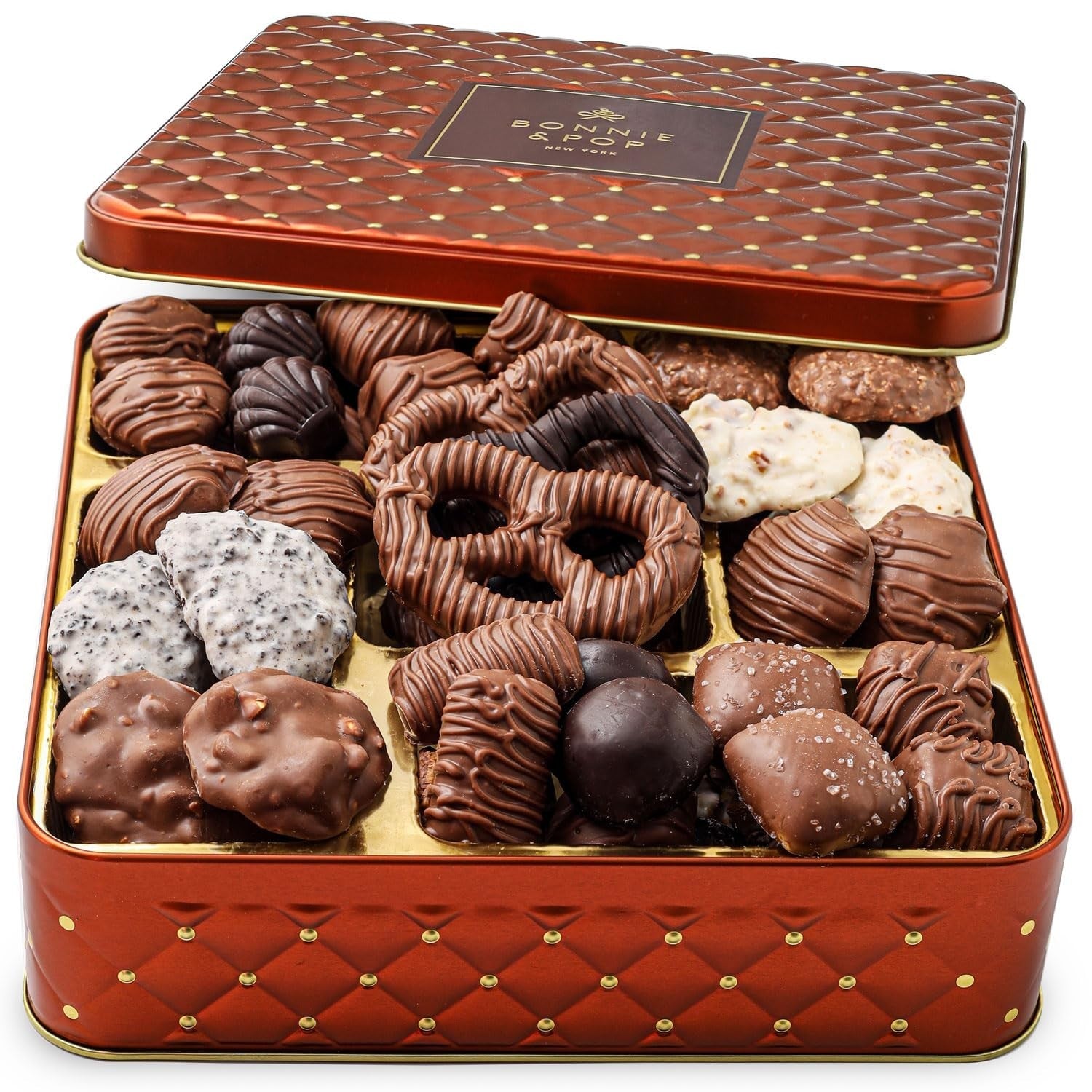 Bonnie and Pop chocolate gift basket with assorted candies, gourmet snacks, and food gift arrangement platter on a decorative tray.
