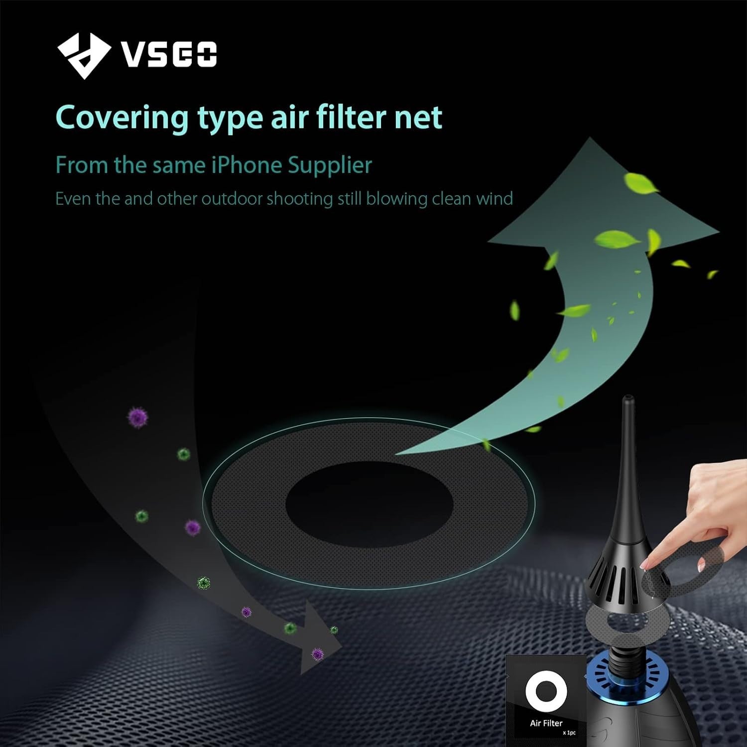 VSGO camera air blower with soft tip, single air intake, self-suction cup for cleaning camera lenses and sensors.