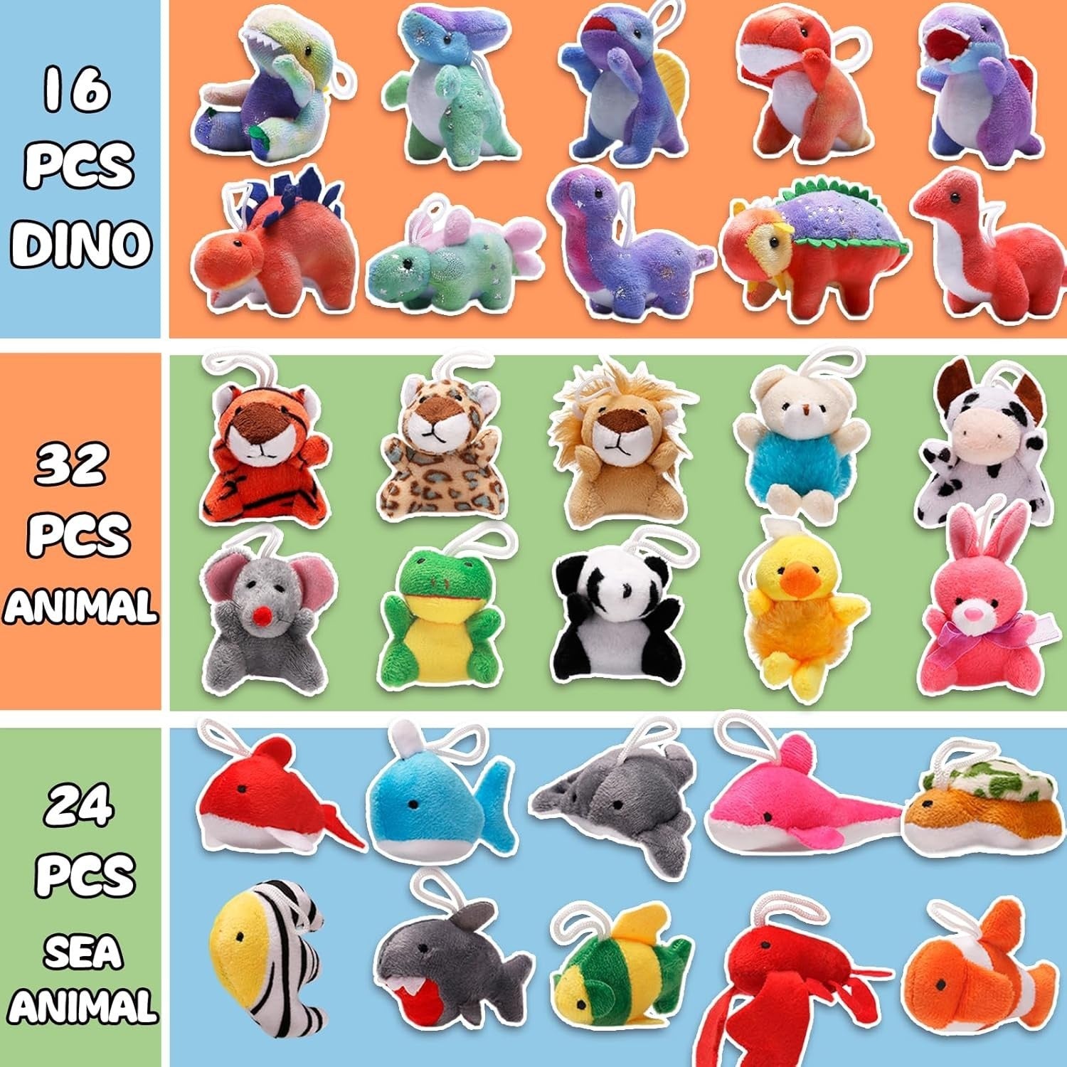 Assorted plush toy dinosaurs, zoo animals, and ocean creatures from Uzoxlsn 72-pack mini stuffed animal set, colorful and cuddly.
