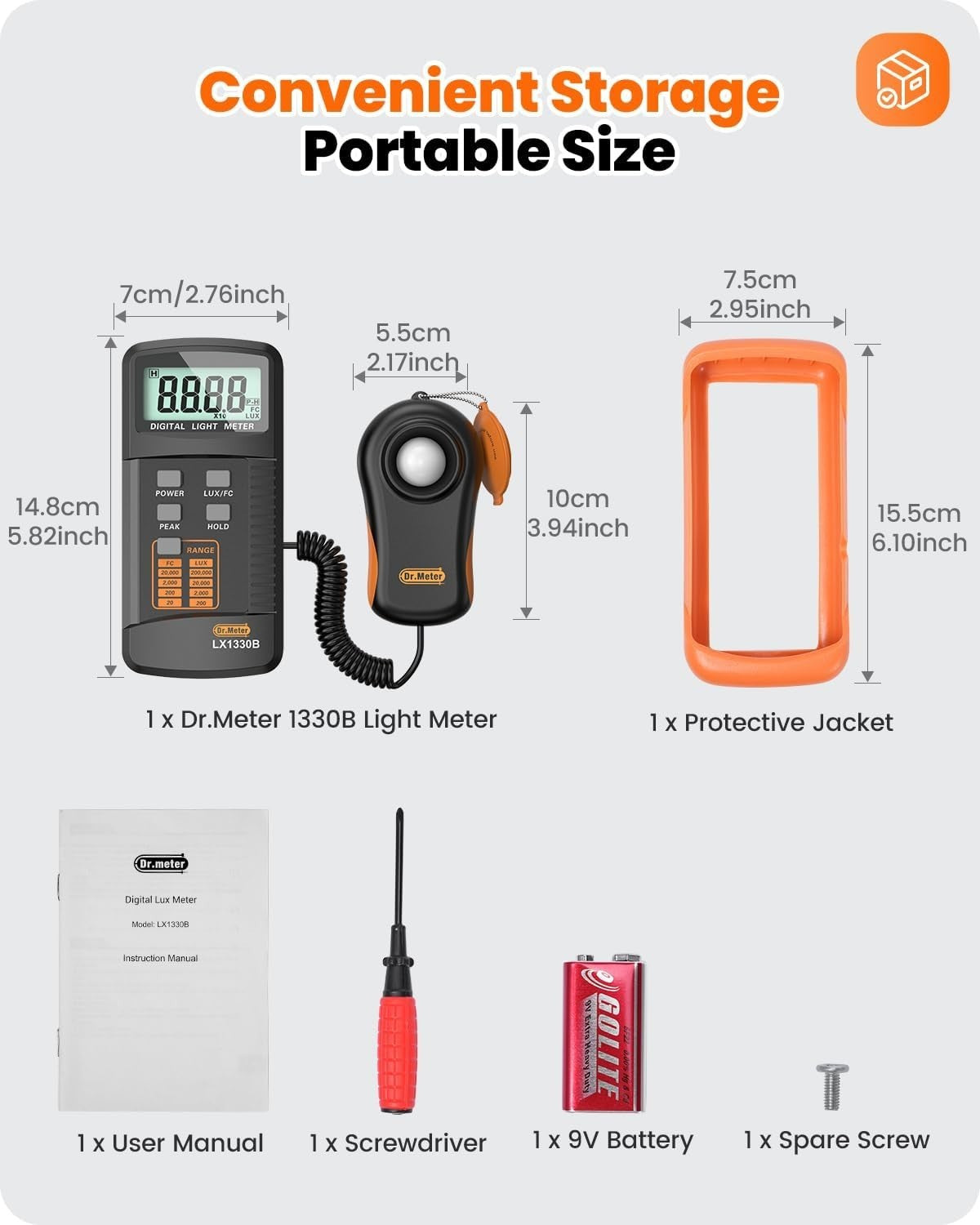 Digital LX1330B illuminance light meter measuring light levels from 0 to 200,000 lux with digital display and handheld design.