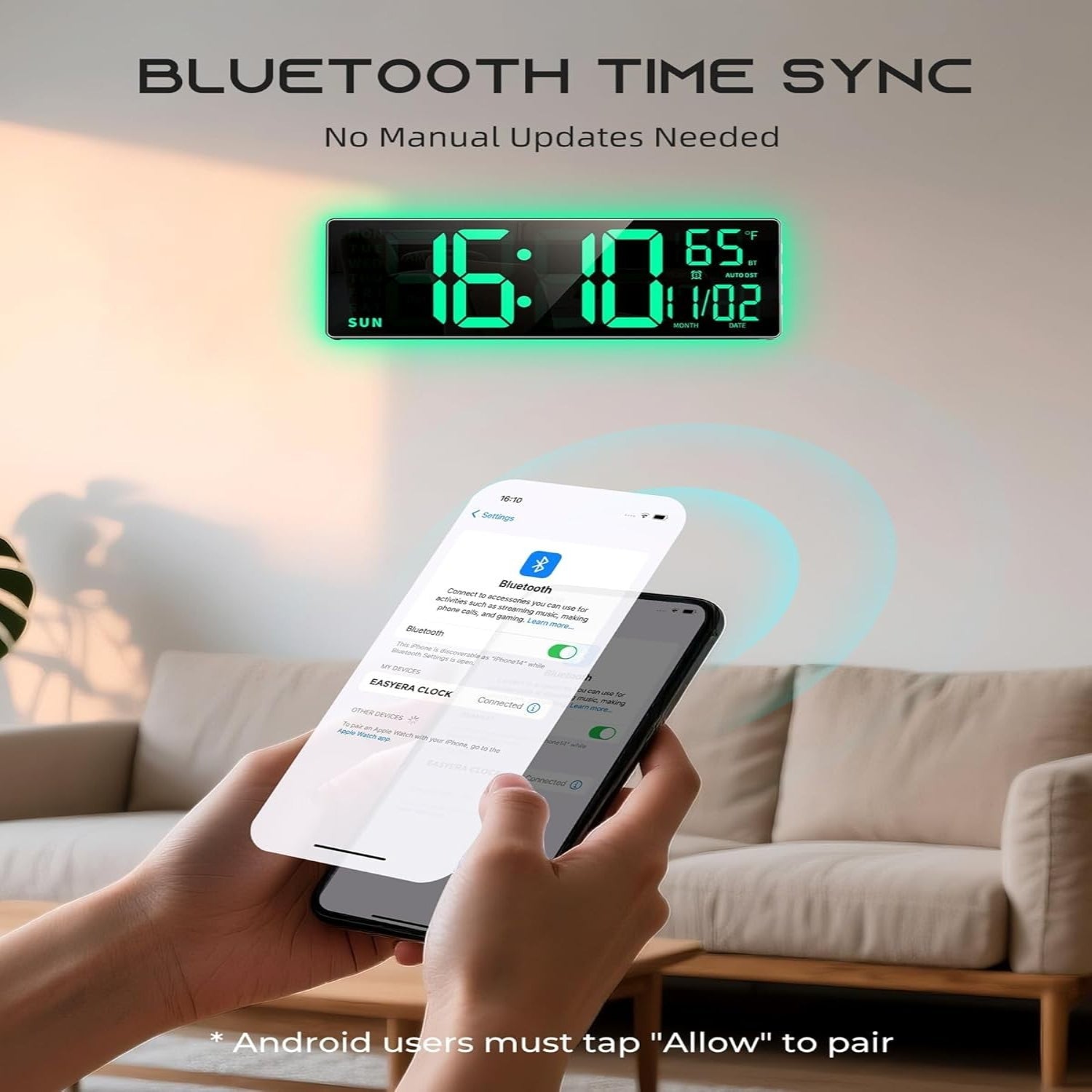 EASYERA 16.5-inch digital wall clock with RGB lights, Bluetooth sync, and 11 scene options, showcasing modern clock design.