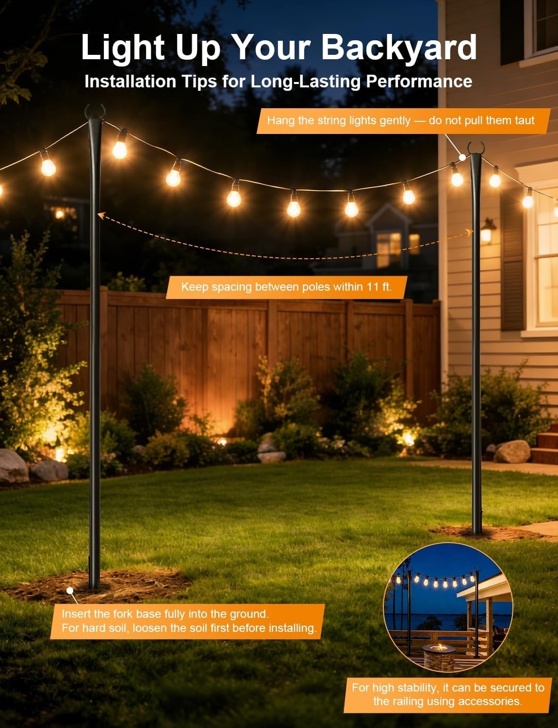Four Fussion outdoor string light poles with thickened metal for hanging Christmas lights on a patio or garden.