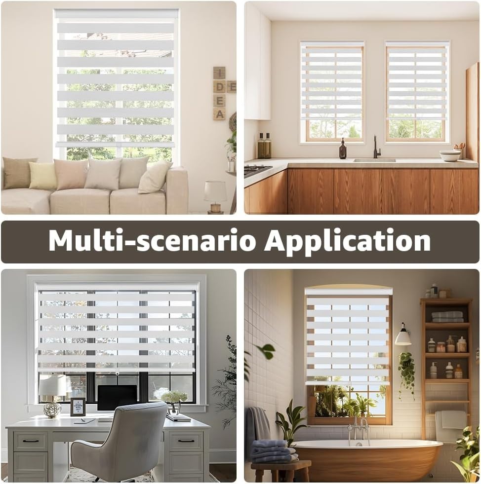SEEYE cordless zebra blinds for windows and French doors, featuring free-stop roller design and sleek black and white stripes.