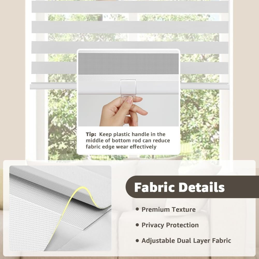 SEEYE cordless zebra blinds for windows and French doors, featuring free-stop roller wind control and modern zebra pattern design.