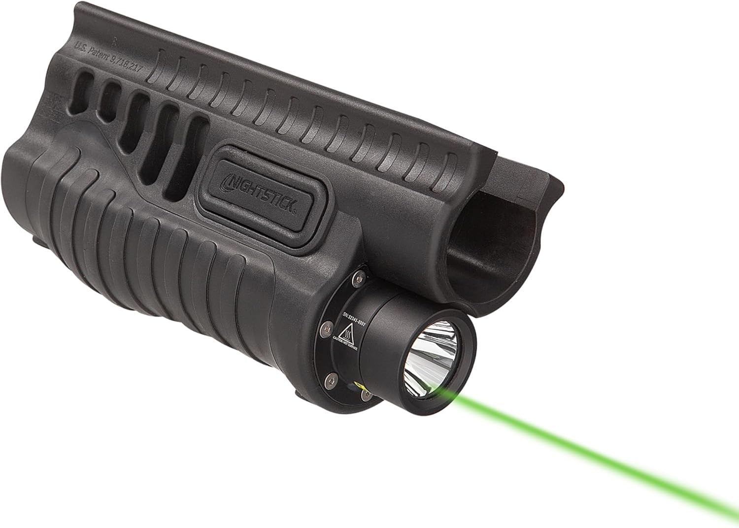 Nightstick SFL-13GL shotgun forend light mounted on Mossberg 500/590/590A1 with black durable casing and tactical design