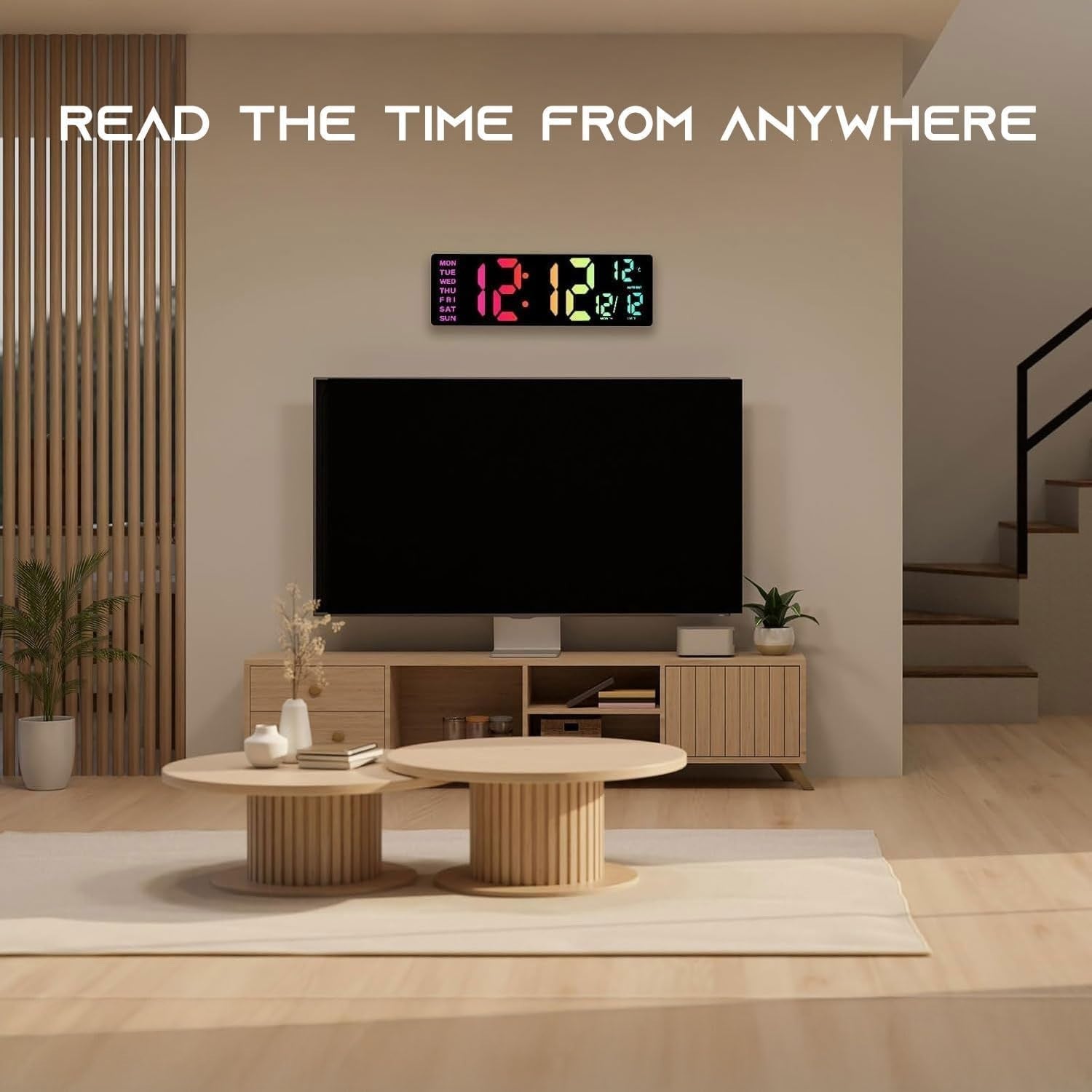 EASYERA 16.5-inch digital wall clock with RGB lights, BT sync, and 11 scene options, displaying time and colorful lighting effects.
