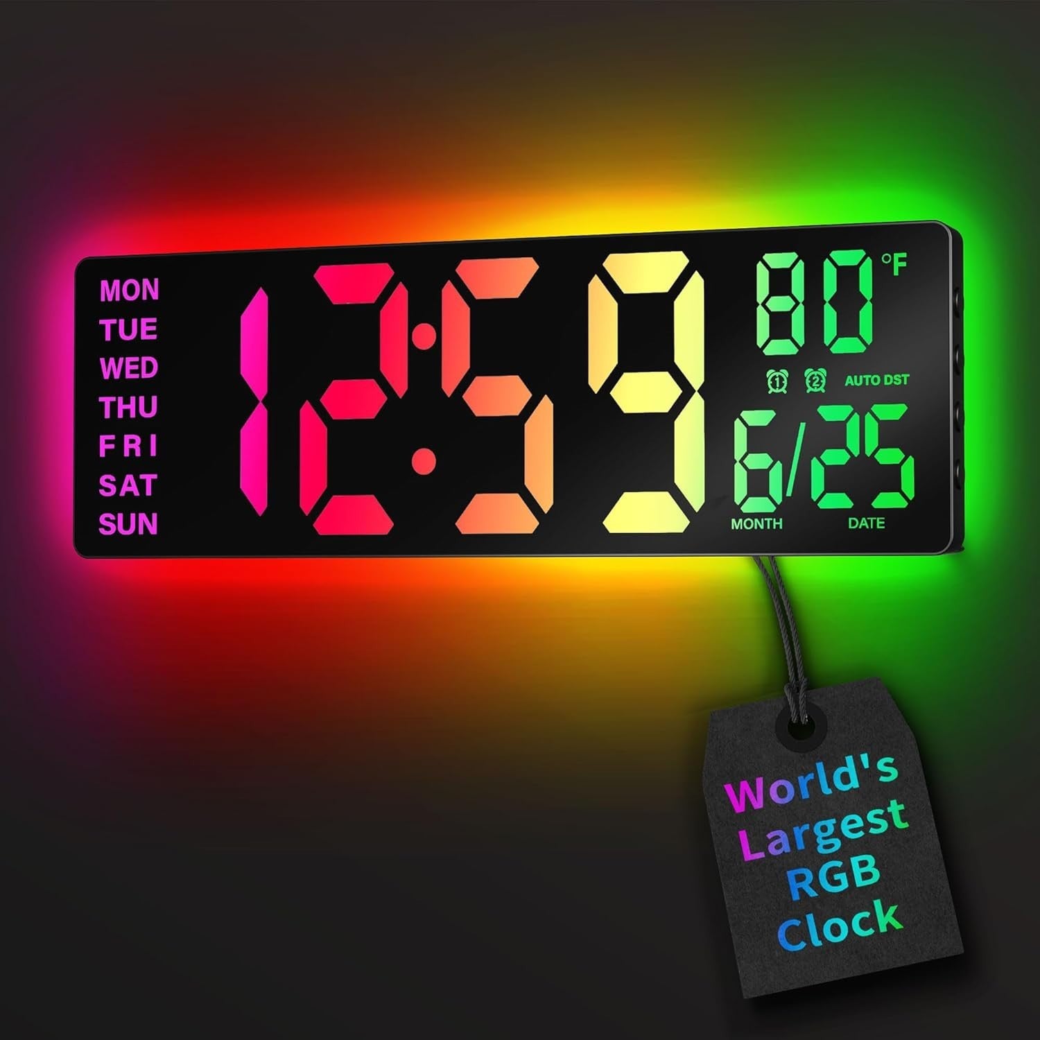 EASYERA 16.5-inch digital wall clock with RGB lights, Bluetooth sync, and 11 scene options, displaying time and colorful lighting.