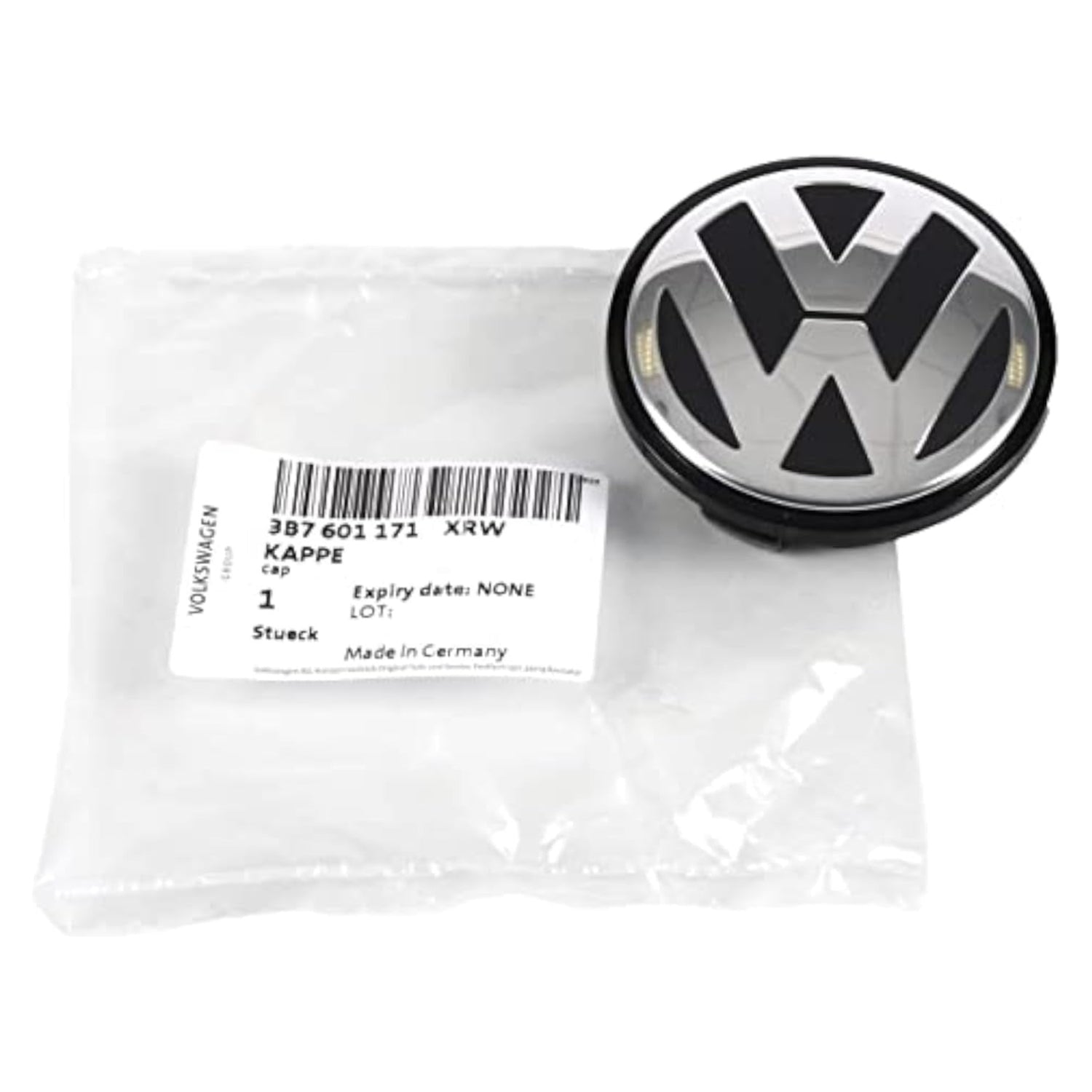 Volkswagen center cap with VW logo, unbranded, designed for wheel hub covering with a sleek, circular metal finish.