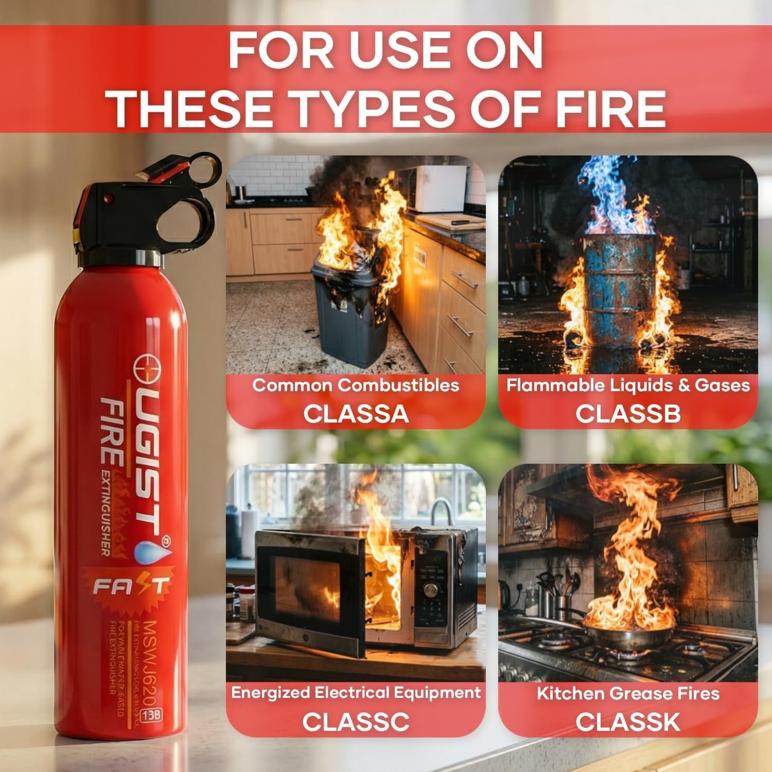 Set of four Ougist multipurpose fire extinguishers with wall mount brackets, each 21oz, ready for home or office safety.