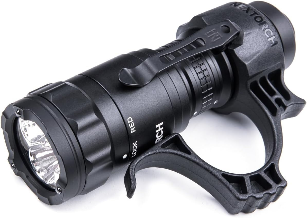 NEXTORCH TA21 tactical flashlight with high lumen white and red light, compact design, and textured grip for outdoor use