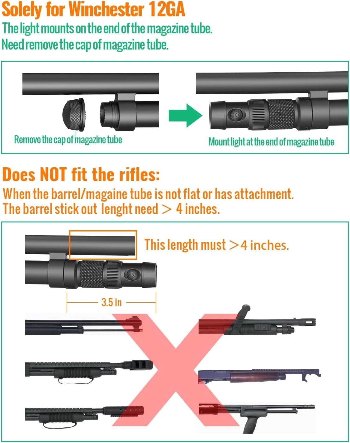 TOUGHSOUL tactical mag tube cap with built-in flashlight, 500 lumens, for Winchester 12 gauge shotguns, featuring sleek black design.