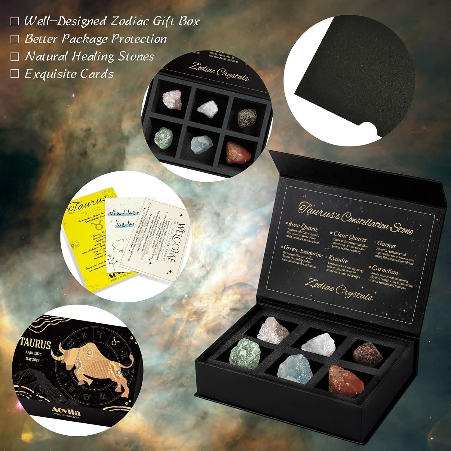 Aovila Taurus Crystals gift set with zodiac sign healing crystals and birthstones, displayed in a decorative box.