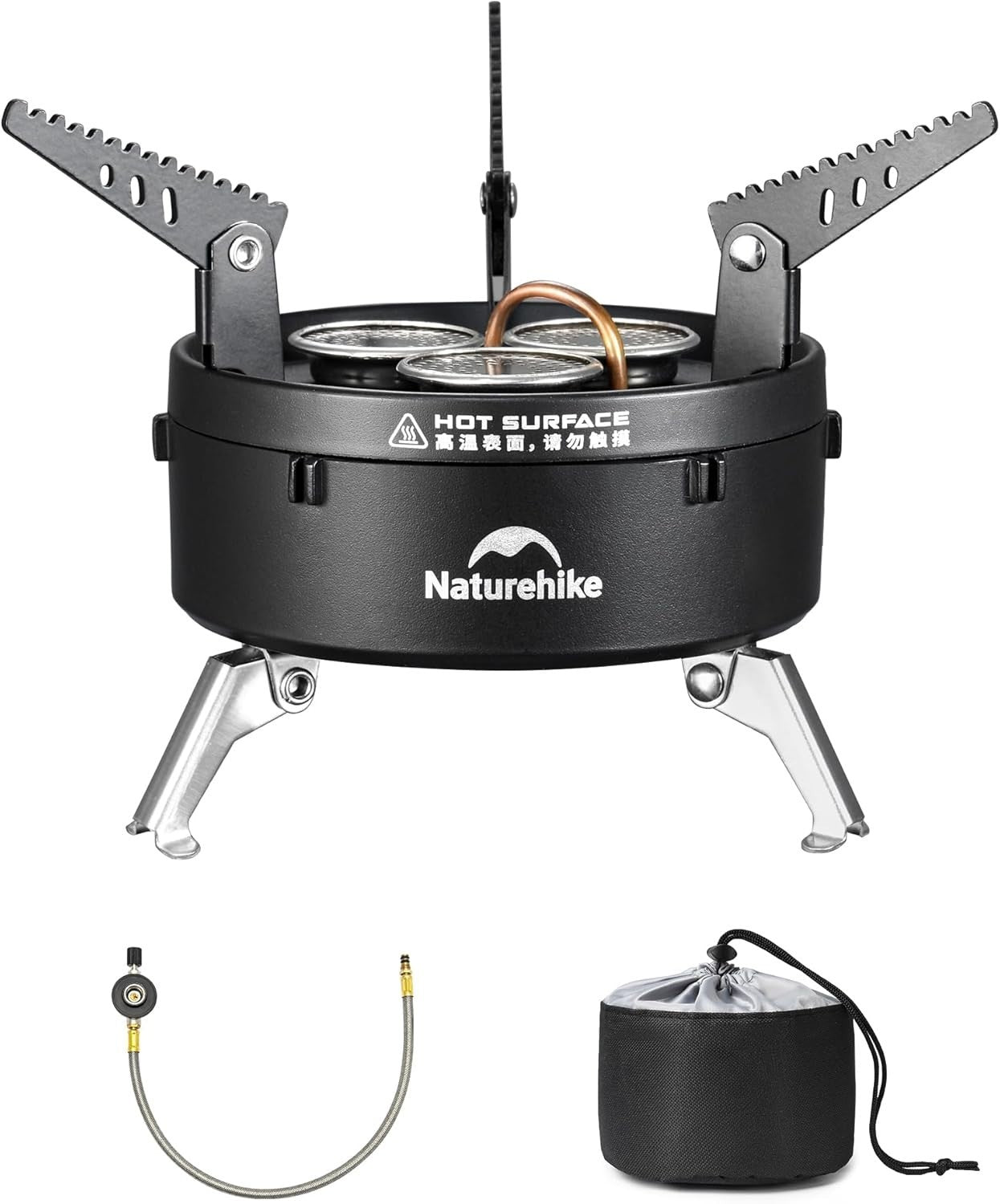 Naturehike IGT camping gas stove with portable isobutane canister and 12000BTU burner for outdoor cooking and camping adventures.