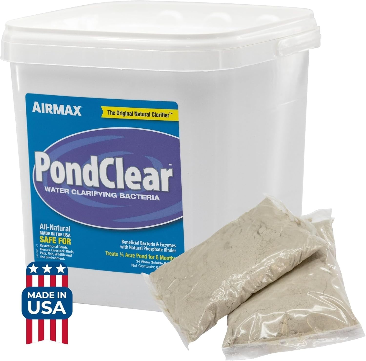 Airmax PondClear beneficial bacteria and enzyme packets for pond water clarification, 24-count pack, shown in the image.