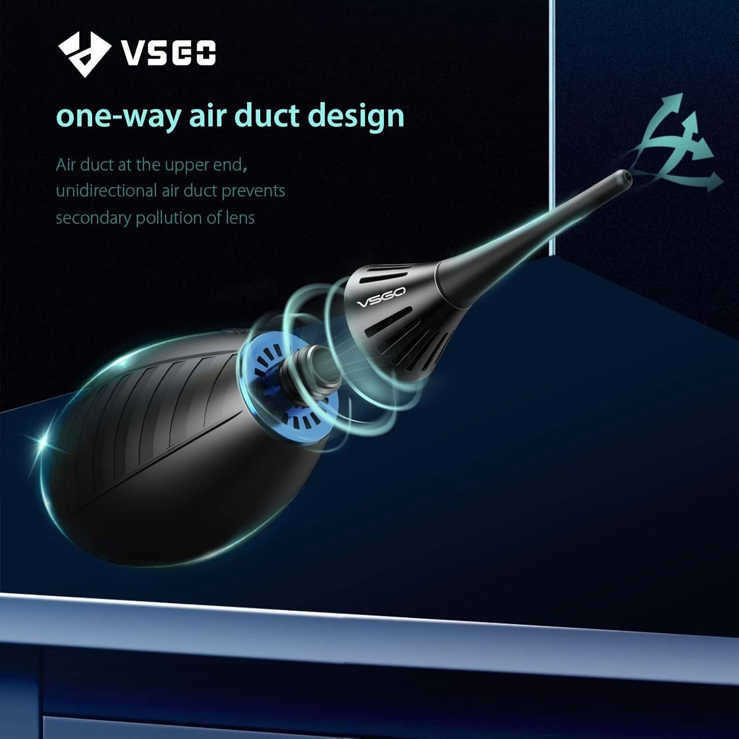 VSGO camera air blower with soft tip, single air intake, self-suction cup for cleaning camera lenses and sensors.
