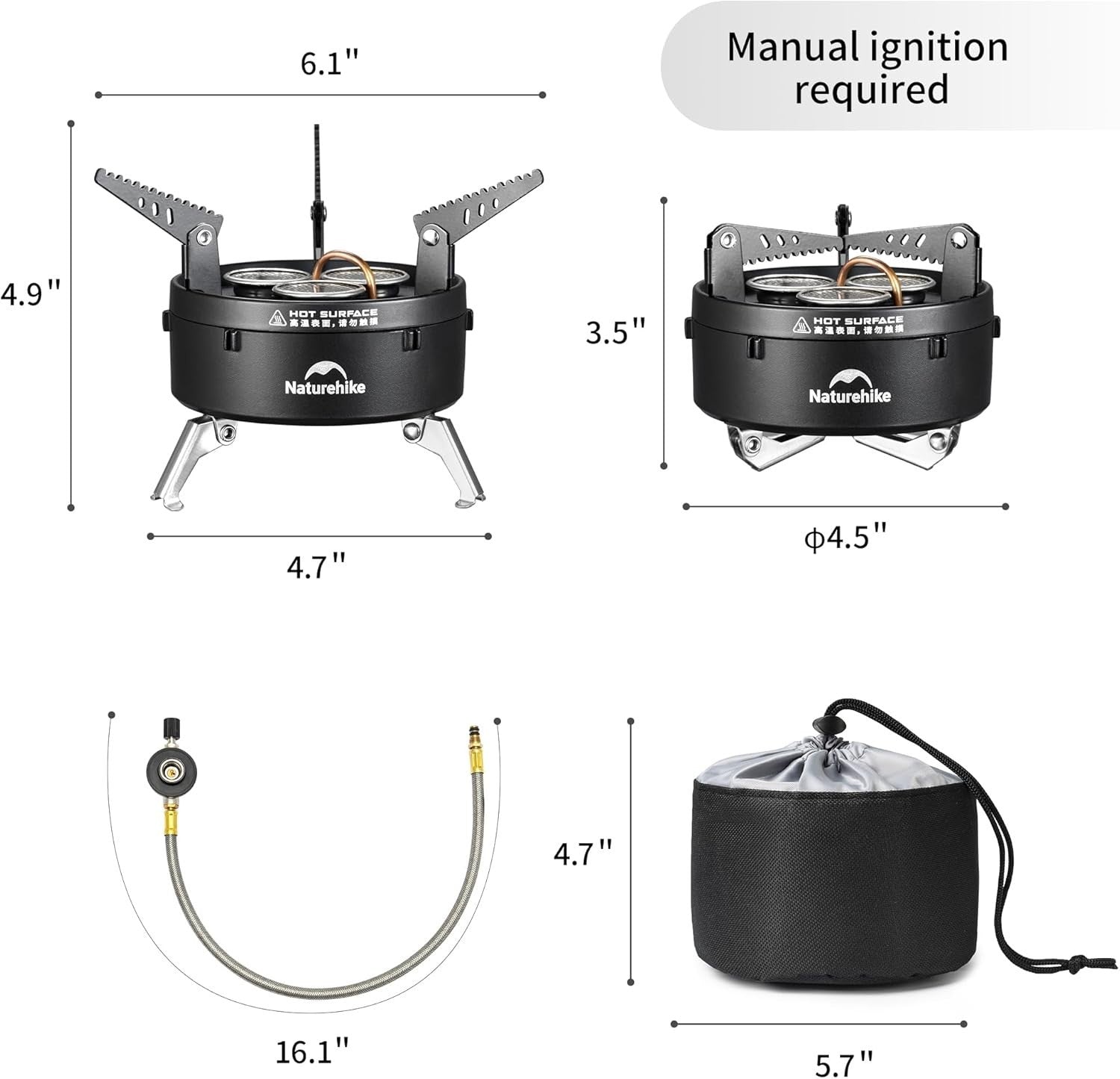 Naturehike IGT camping gas stove with portable design, isobutane fuel canister, and 12000BTU burner for outdoor cooking.