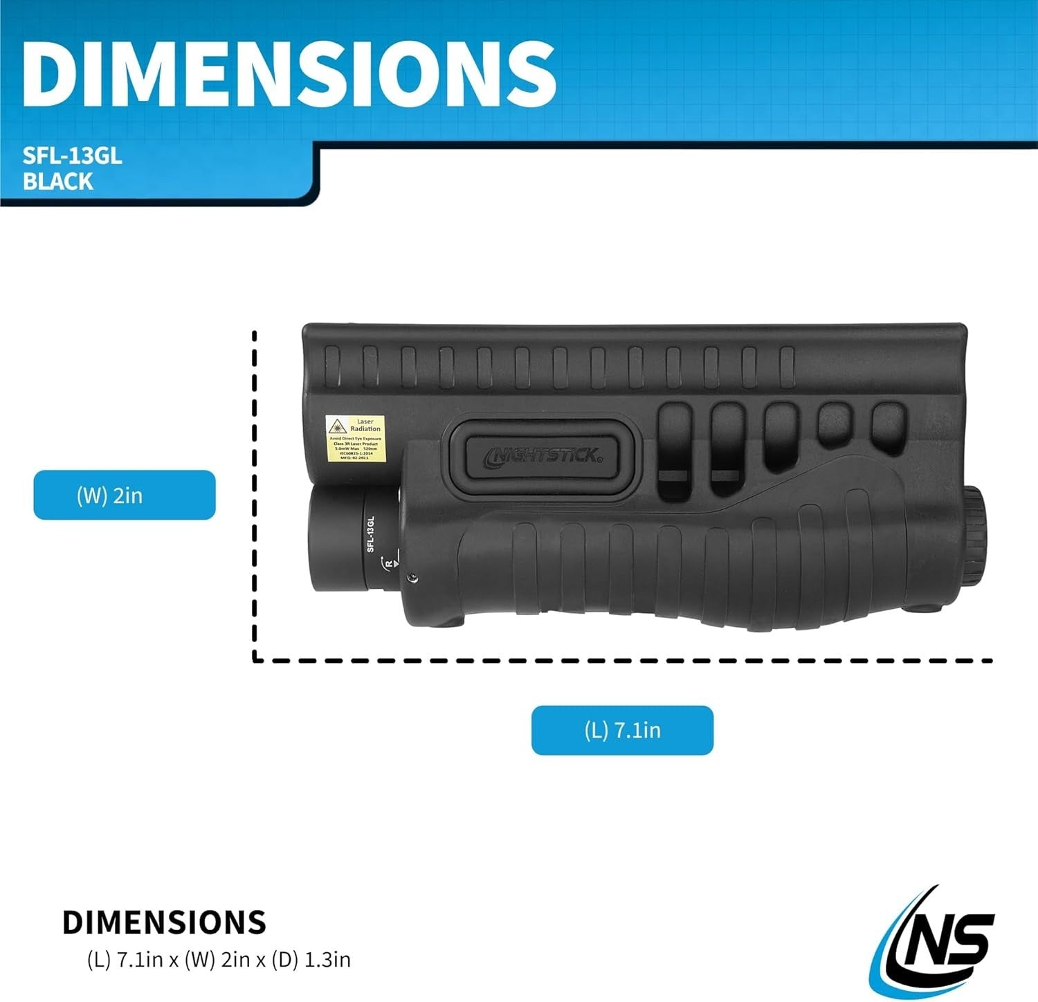 Nightstick SFL-13GL shotgun forend light mounted on Mossberg 500/590/590A1 shotgun, showing the LED flashlight and forend design.