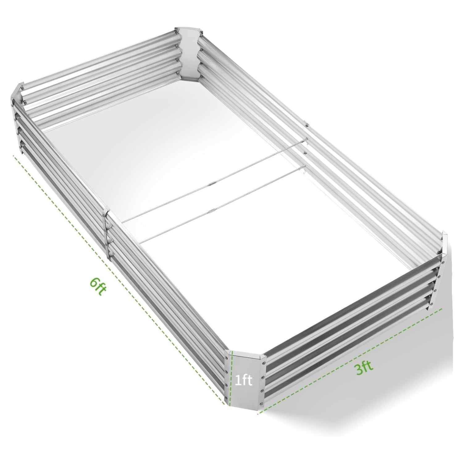 Land Guard galvanized metal raised garden bed measuring 6x3x1 feet, ideal for outdoor planting and garden organization.