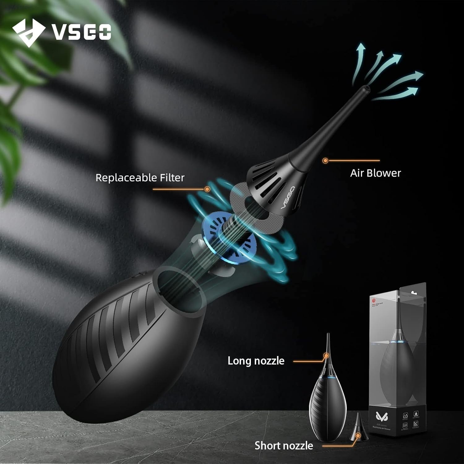 VSGO camera air blower with soft tip, single air intake, self-suction cup for cleaning camera lenses and sensors.
