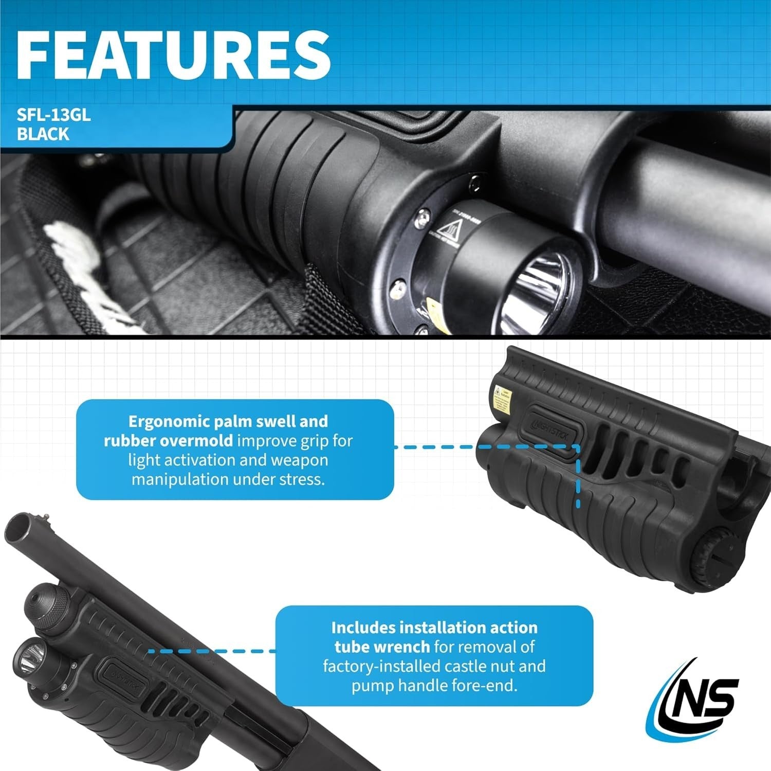 Nightstick SFL-13GL shotgun forend light mounted on Mossberg 500/590/590A1, black tactical firearm accessory.