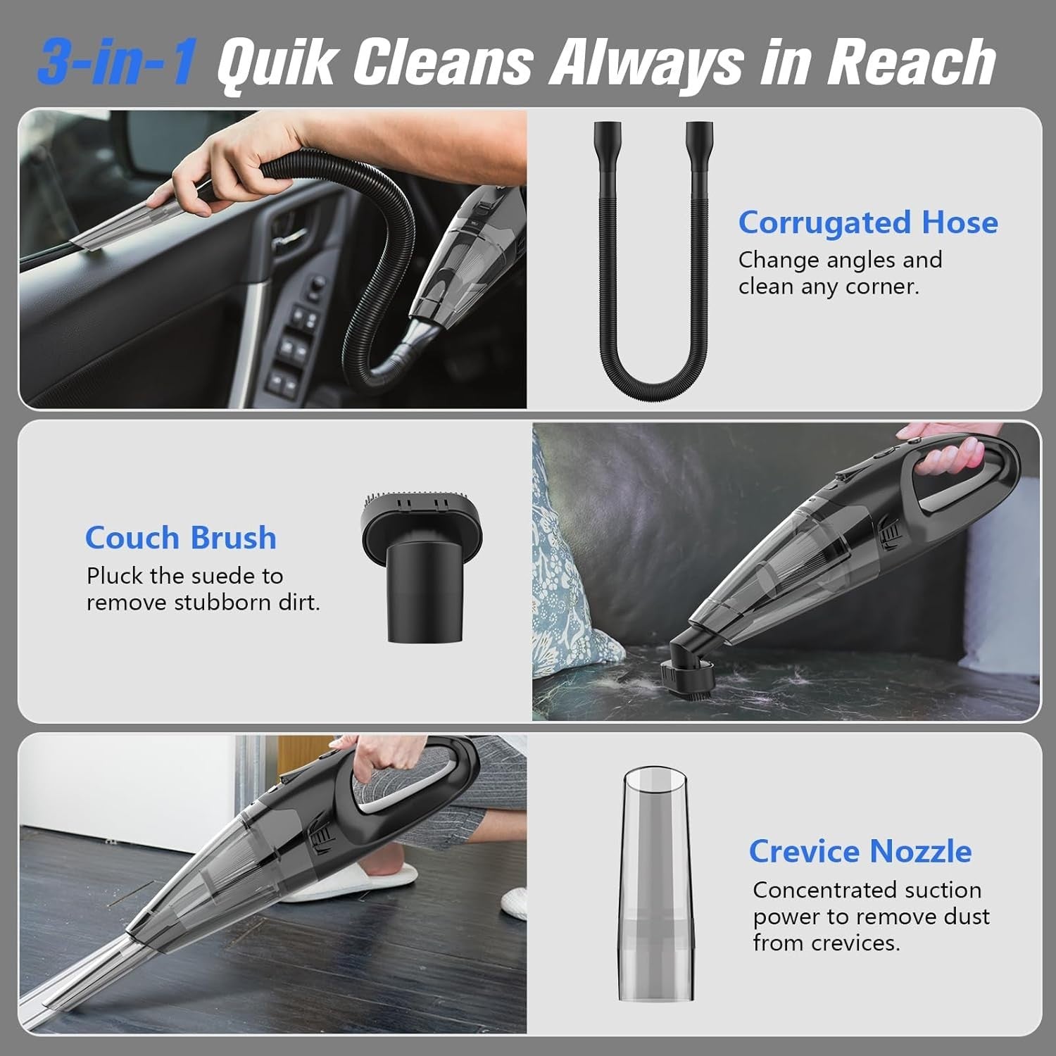 BSRCO cordless handheld car vacuum cleaner with LED light, strong suction, portable design, suitable for car interior cleaning.