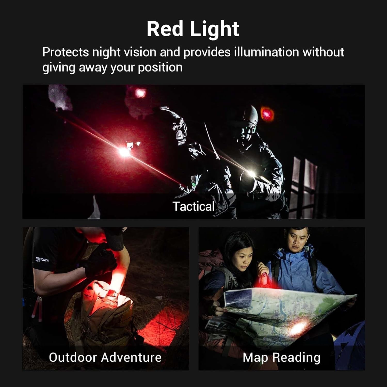 NEXTORCH TA21 tactical flashlight with high lumens, showing white and red light modes, compact and durable design.