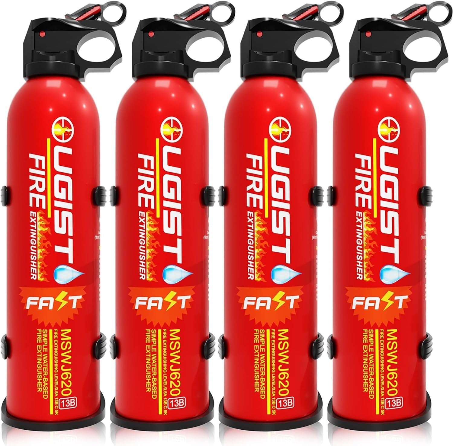 Set of four 21oz Ougist multipurpose fire extinguishers with wall mount brackets for home safety and fire prevention.