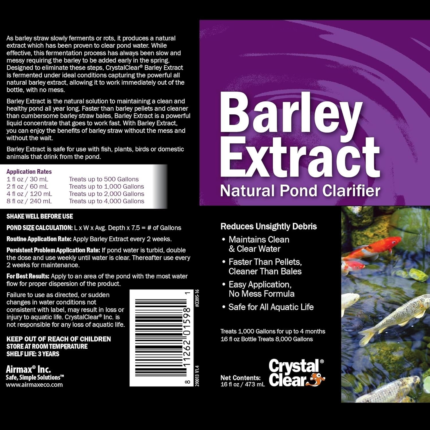 CrystalClear Barley Extract pond treatment bottle, natural water clarifier for fountain and pond water clarity improvement.